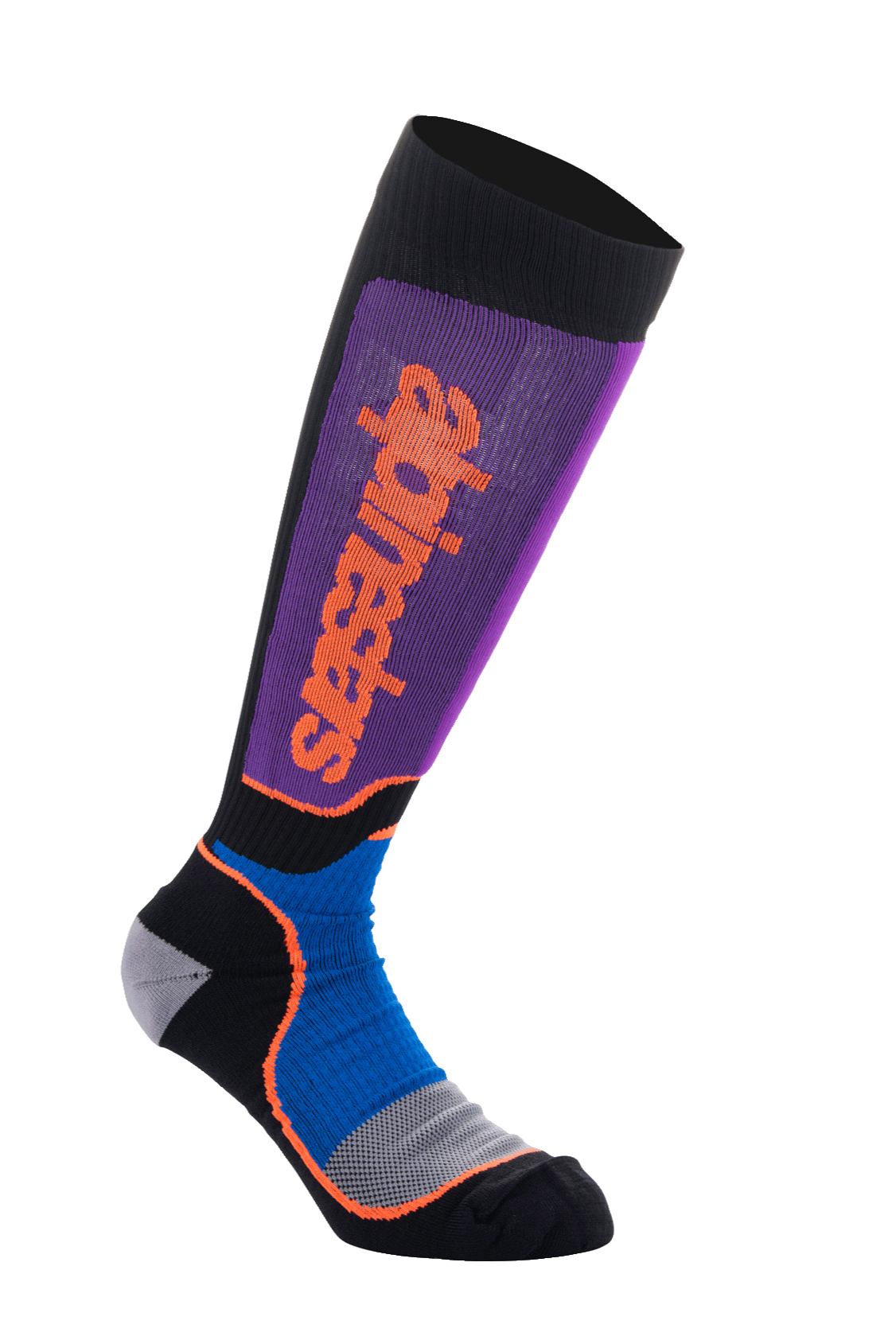Alpinestars MX Plus Socks, calcetines de motocross hasta la rodilla, color negro, azul real y morado, con pierna acanalada morada y logotipo vertical de Alpinestars en naranja, paneles de malla azul real en el tobillo con detalles naranjas y pie reforzado en gris y negro, equipo de alto rendimiento para off-road