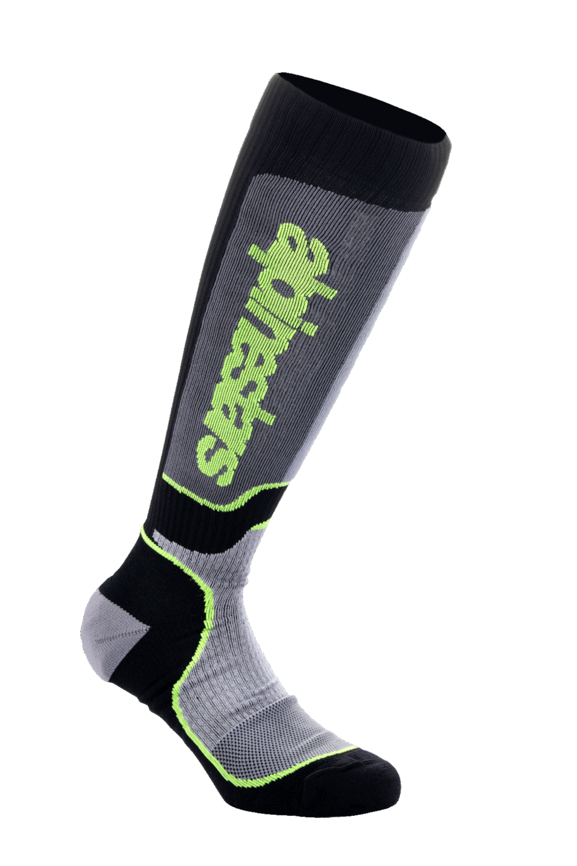 Calcetines Alpinestars MX Plus, calcetines altos de motocross, negro, gris y amarillo flúor, con logotipo vertical de Alpinestars, texturas acanaladas y de malla, equipamiento técnico de alto rendimiento para pilotaje