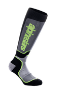 Calcetines Alpinestars MX Plus, calcetines altos de motocross, negro, gris y amarillo flúor, con logotipo vertical de Alpinestars, texturas acanaladas y de malla, equipamiento técnico de alto rendimiento para pilotaje