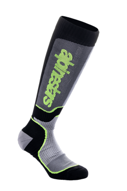 Calcetines Alpinestars MX Plus, calcetines altos de motocross, negro, gris y amarillo flúor, con logotipo vertical de Alpinestars, texturas acanaladas y de malla, equipamiento técnico de alto rendimiento para pilotaje