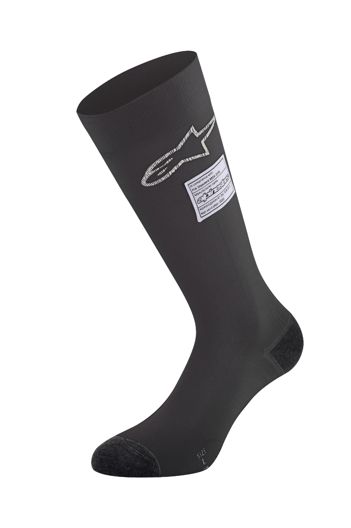 Calcetines Alpinestars ZX V4, calcetines negros de competición para automovilismo, con logotipo de estrella blanco y etiqueta de certificación FIA, diseño sin costuras hasta la rodilla con puntera y talón reforzados, capa base ignífuga