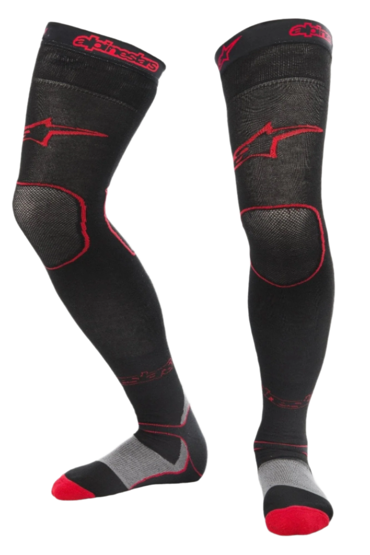 Alpinestars MX Long Tech Thick Socks, calcetines de motocross, negros y rojos, longitud hasta la mitad del muslo con logotipos en rojo, detalles grises y rojos en la suela, tejido técnico diseñado para conducción off-road y botas de motocross