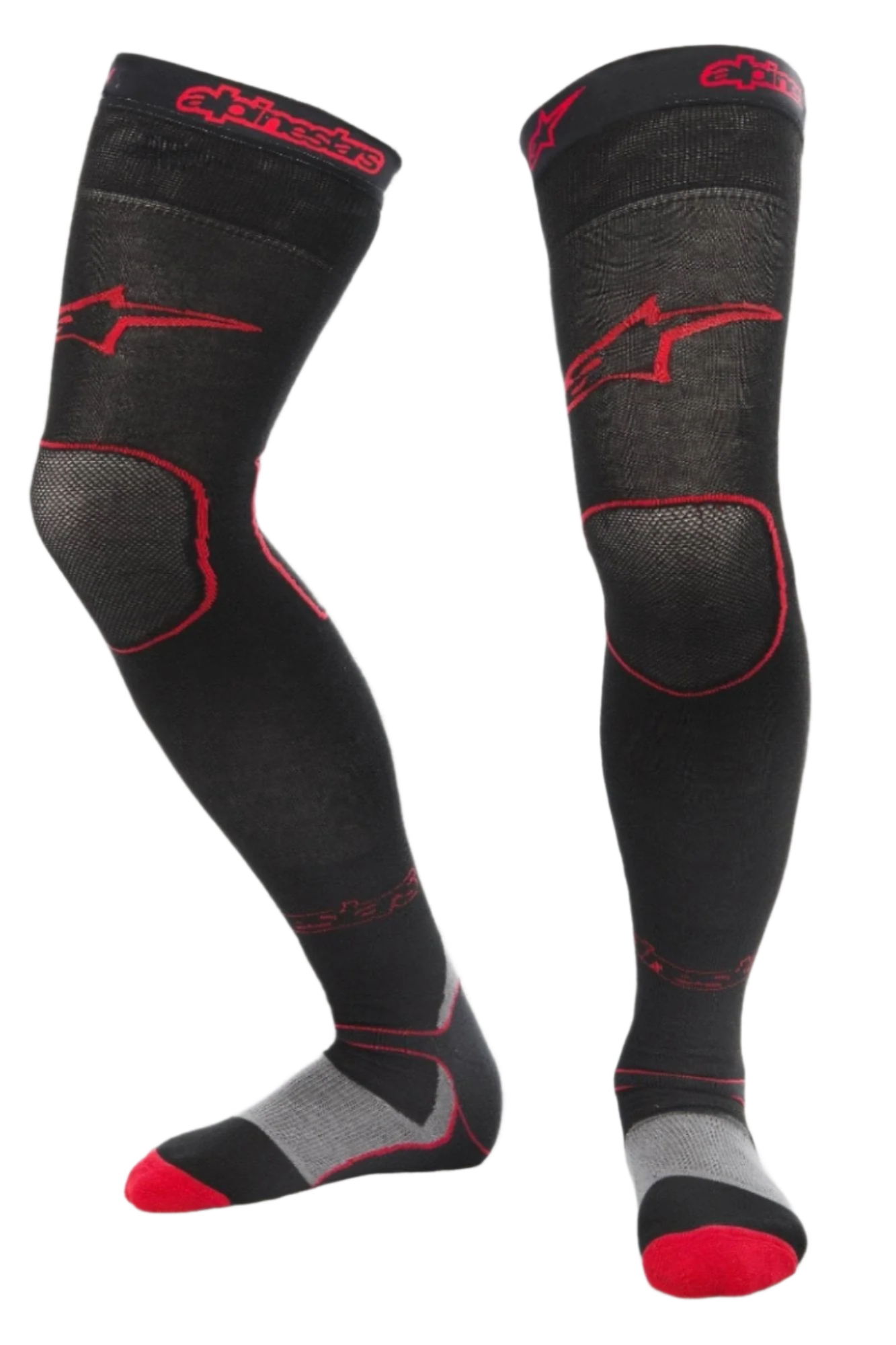 Alpinestars MX Long Tech Thick Socks, calcetines de motocross, negros y rojos, longitud hasta la mitad del muslo con logotipos en rojo, detalles grises y rojos en la suela, tejido técnico diseñado para conducción off-road y botas de motocross