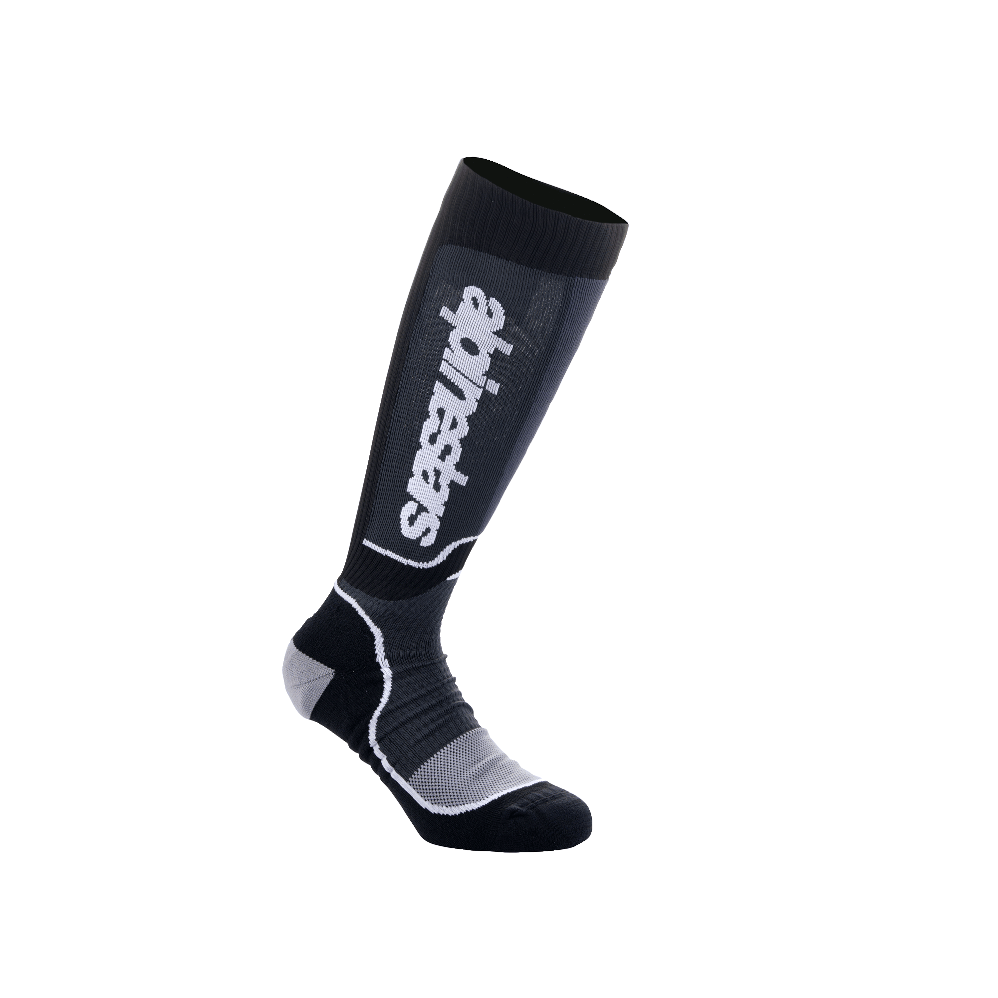 Alpinestars Youth MX Plus Socks, calcetines de motocross hasta la rodilla, negro y gris, con logotipo de Alpinestars en blanco, textura acanalada con talón y puntera reforzados, construcción transpirable de una sola capa para rendimiento off-road