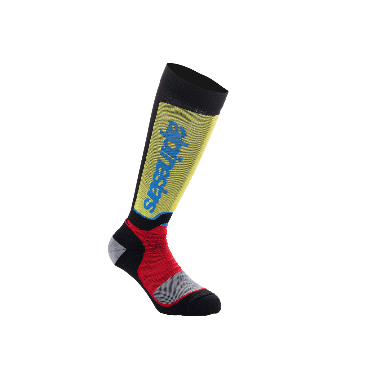 Alpinestars Youth MX Plus Socks, Motocross Riding Socks, Black with Yellow Red and Light Blue accents, knee-high length, featuring ribbed construction and vertical Alpinestars branding on the shin