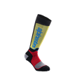 Alpinestars Youth MX Plus Socks, calcetines de motocross juveniles, negros con detalles en amarillo, rojo y azul claro, largo hasta la rodilla, con construcción acanalada y logotipo de Alpinestars vertical en la espinilla