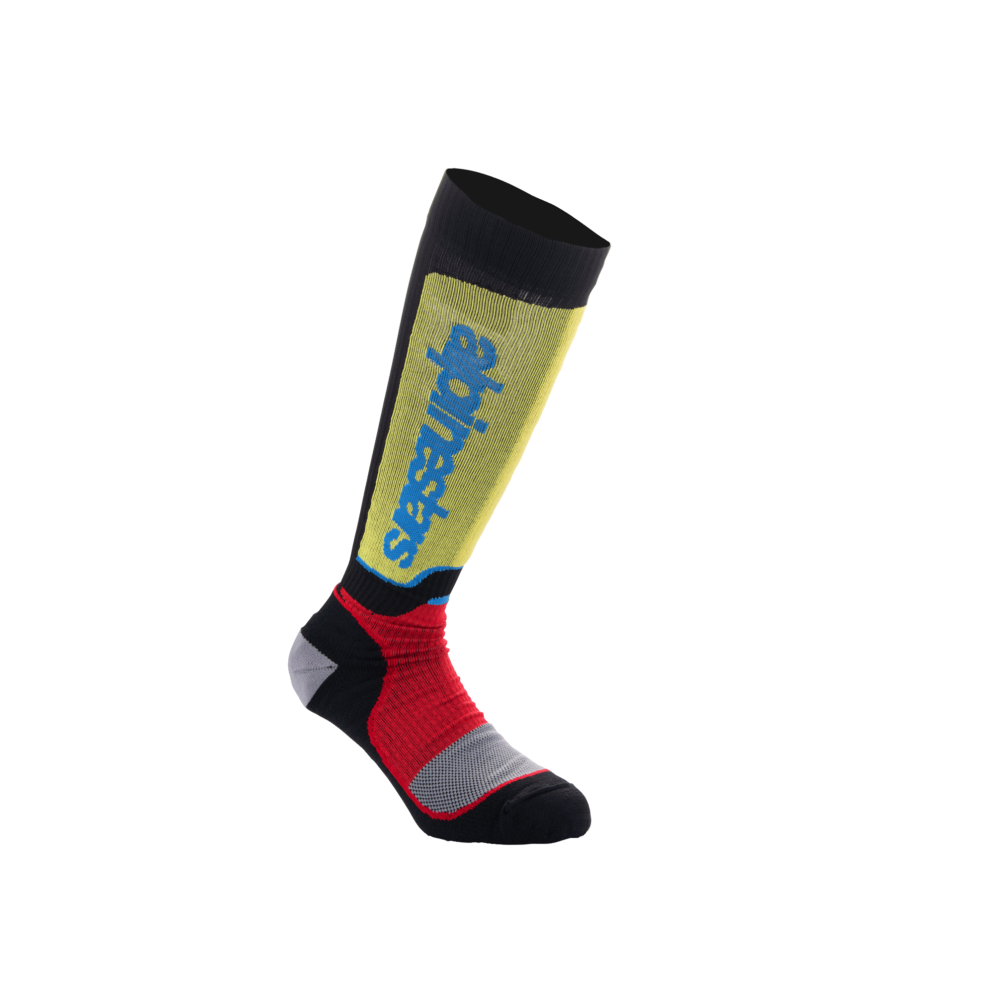 Alpinestars Youth MX Plus Socks, calcetines de motocross juveniles, negros con detalles en amarillo, rojo y azul claro, largo hasta la rodilla, con construcción acanalada y logotipo de Alpinestars vertical en la espinilla