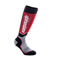 Alpinestars Youth MX Plus Socks, calcetines de motocross juveniles, en negro, gris y rojo, con un logotipo blanco vertical en el panel rojo de la espinilla, construcción técnica de una sola capa con zonas de malla transpirable, diseñados para botas de moto off-road
