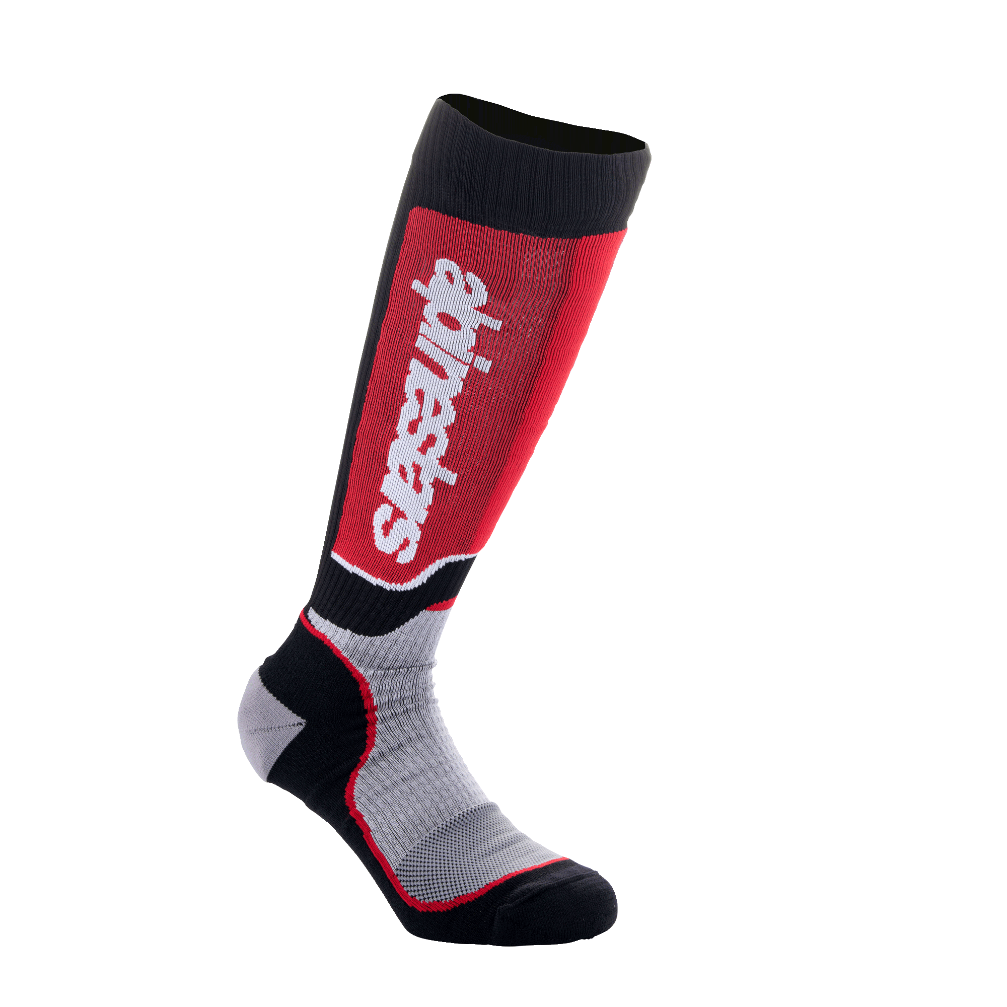 Alpinestars Youth MX Plus Socks, calcetines de motocross juveniles, en negro, gris y rojo, con un logotipo blanco vertical en el panel rojo de la espinilla, construcción técnica de una sola capa con zonas de malla transpirable, diseñados para botas de moto off-road