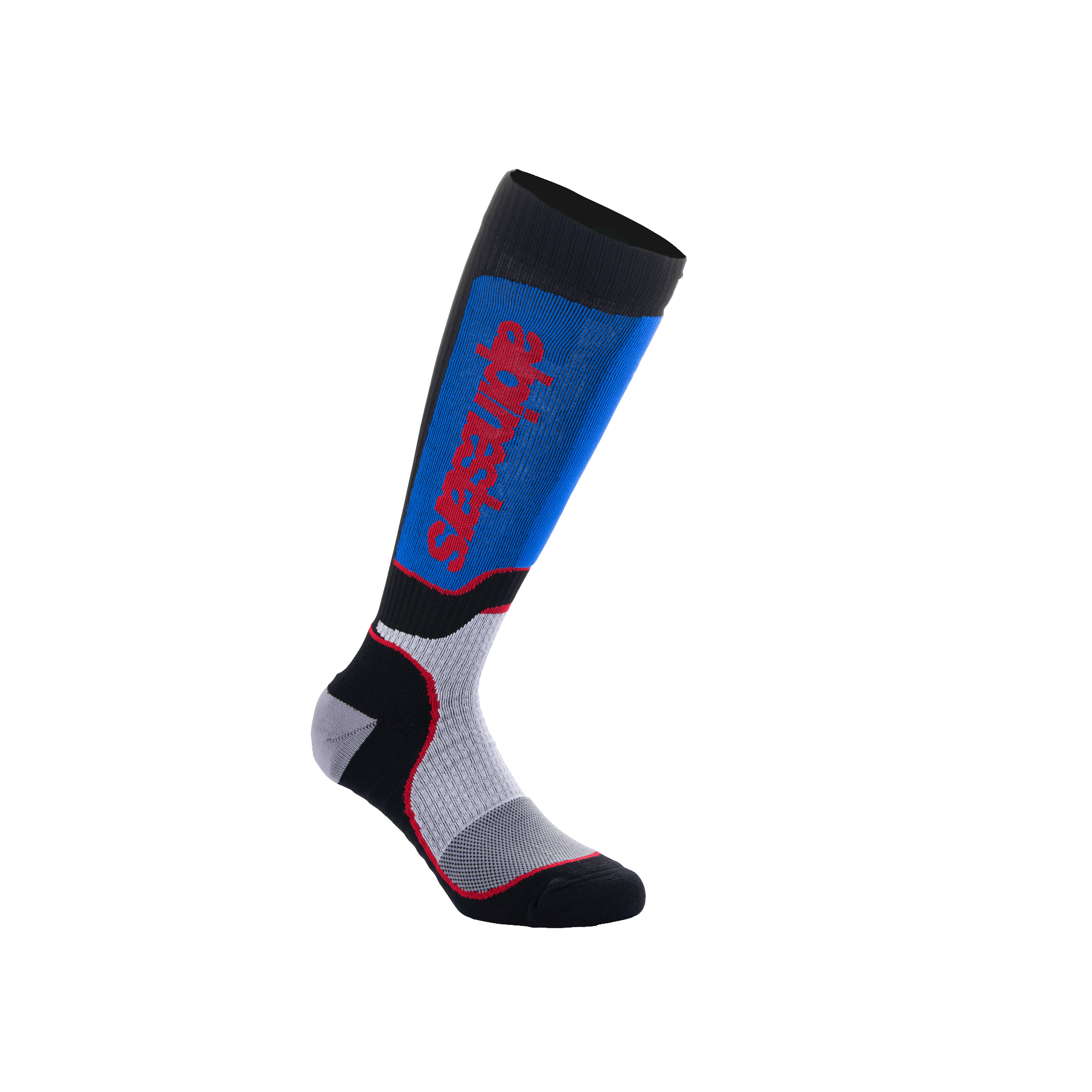 Alpinestars Youth MX Plus Socks, calcetines de motocross hasta la rodilla, negro, azul real y gris, con logotipo vertical de Alpinestars en rojo, ajuste de compresión acanalado con talón y puntera reforzados, equipamiento de alto rendimiento para jóvenes pilotos
