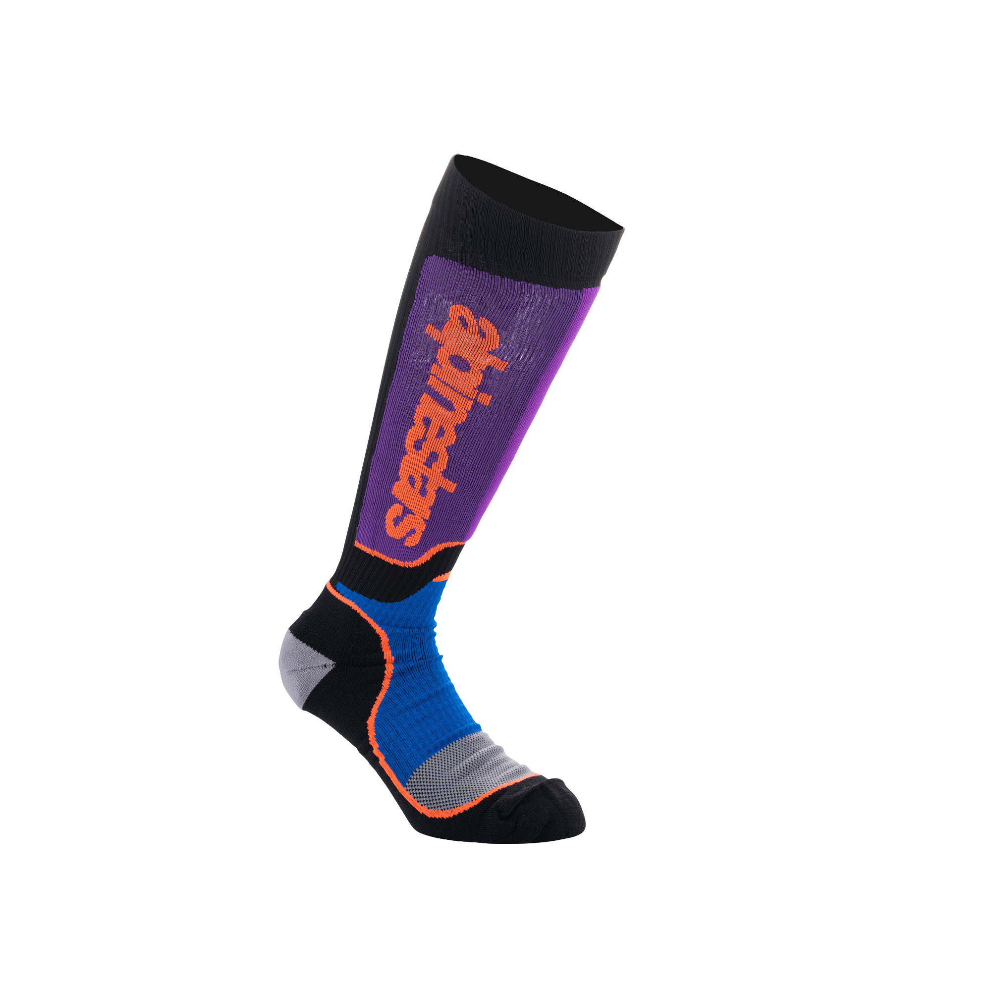 Alpinestars Youth MX Plus Socks, calcetines de motocross hasta la rodilla, negros, azul real y morados con marca naranja, con construcción acanalada y talón y puntera reforzados para conducción off-road