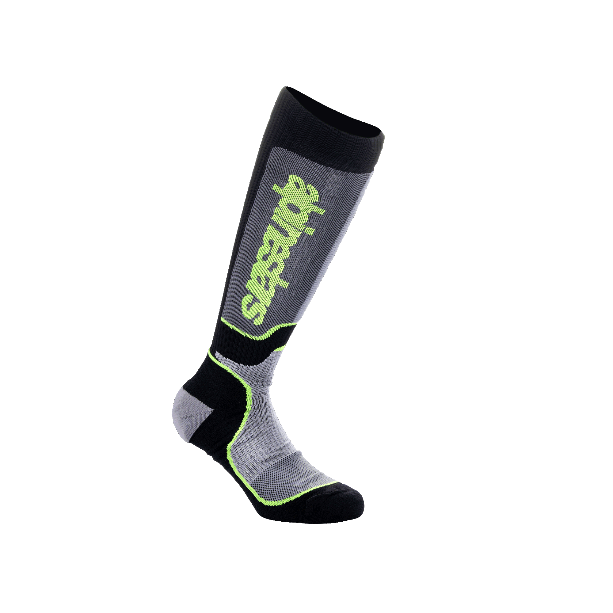 Alpinestars Youth MX Plus Socks, calcetines de motocross para jóvenes, negro, gris y amarillo flúor, diseño de alto rendimiento hasta la rodilla con construcción acanalada y logo de Alpinestars, para carreras de motos todoterreno