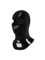 Pasamontañas Alpinestars ZX Evo V3, negro, sotocasco ignífugo para automovilismo, con logotipos blancos de Alpinestars, apertura para tubo de hidratación y etiquetas de homologación FIA/SFI, diseño ligero y ergonómico para uso en deportes de motor