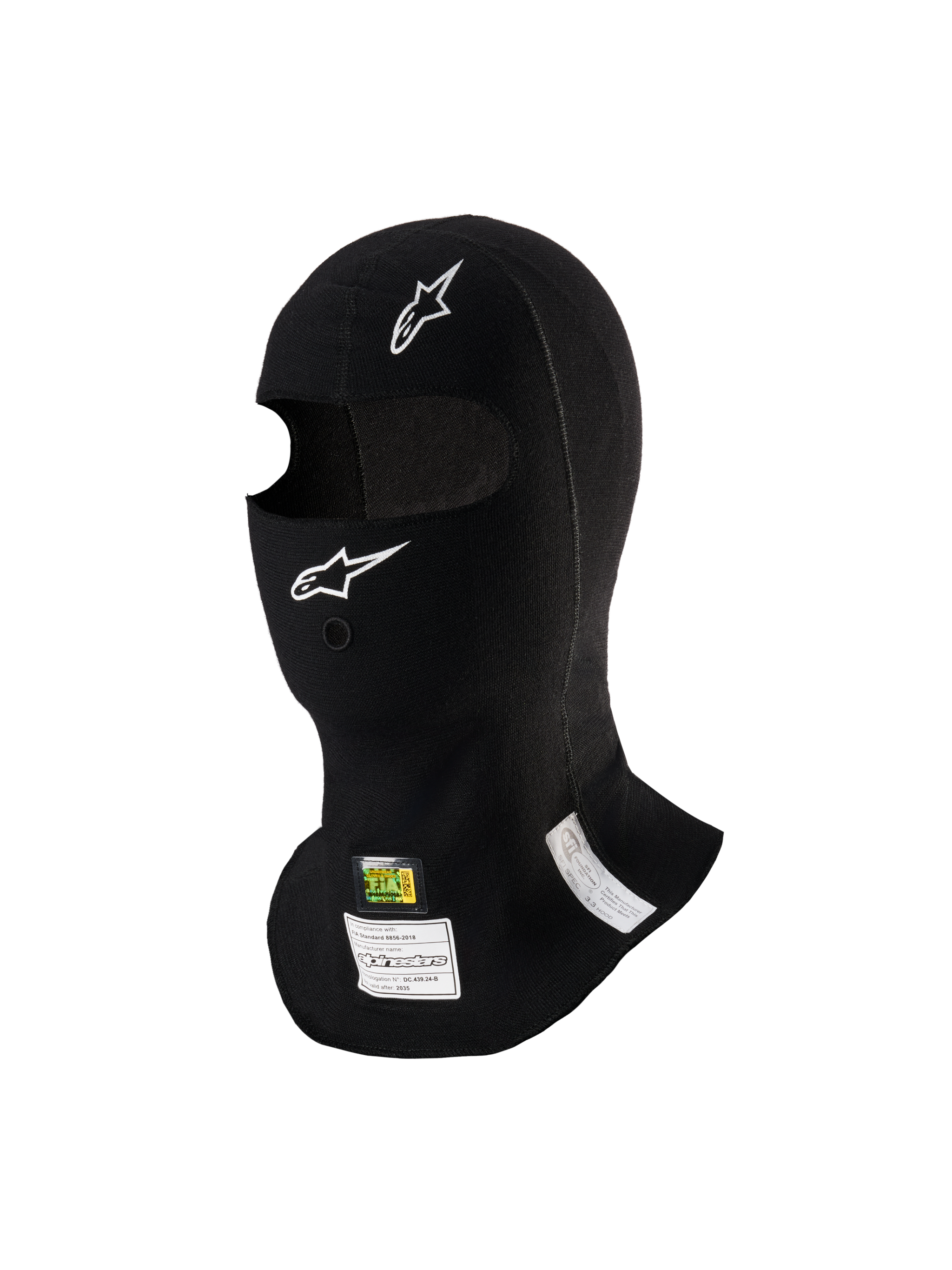 Alpinestars ZX Evo V3 Balaclava, Black, flame-resistant auto racing head sock, featuring white Alpinestars logos, hydration tube port, and FIA/SFI homologation tags, lightweight and ergonomic design for motorsport use