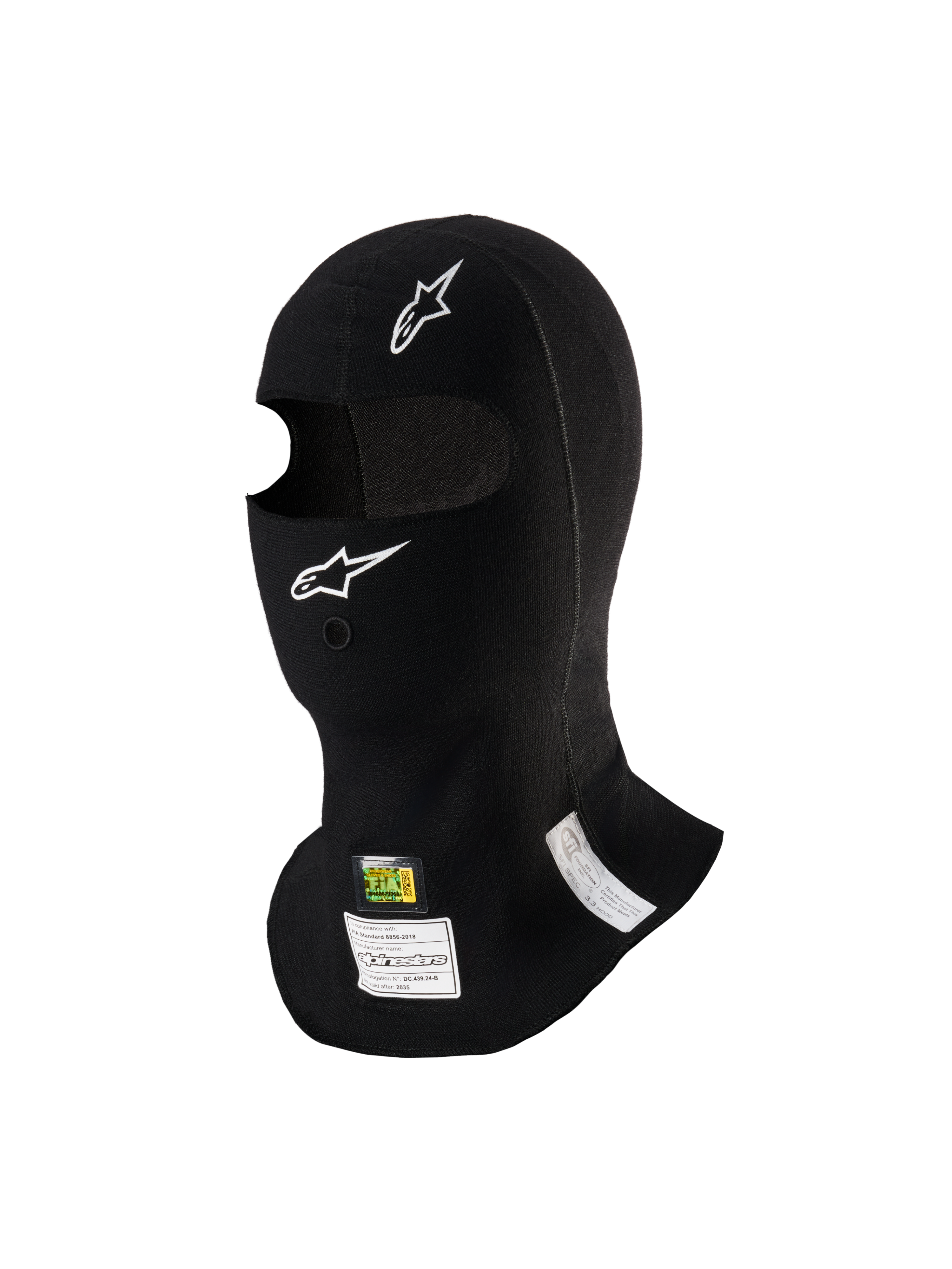 Pasamontañas Alpinestars ZX Evo V3, negro, sotocasco ignífugo para automovilismo, con logotipos blancos de Alpinestars, apertura para tubo de hidratación y etiquetas de homologación FIA/SFI, diseño ligero y ergonómico para uso en deportes de motor