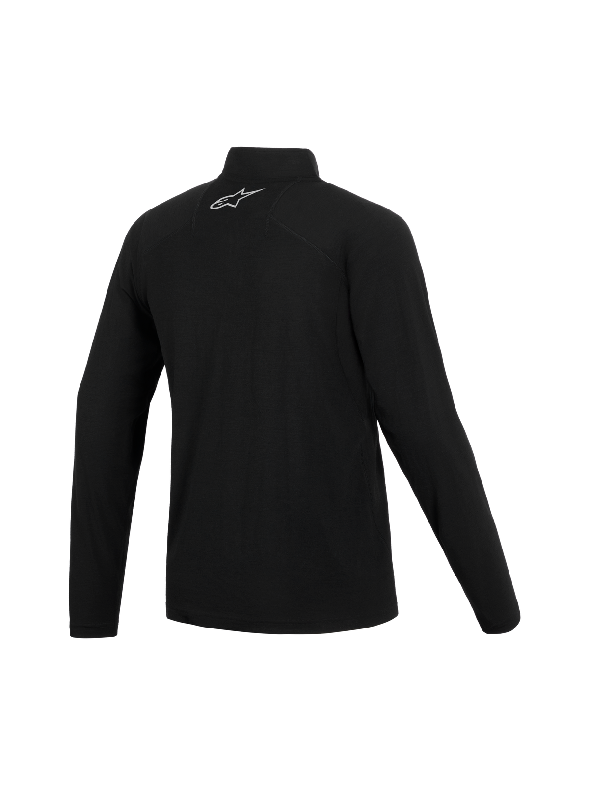 Alpinestars At 8 Merino Top Layer, capa base técnica de manga larga para moto, negra, mezcla de lana merino, vista trasera con cuello y logotipo