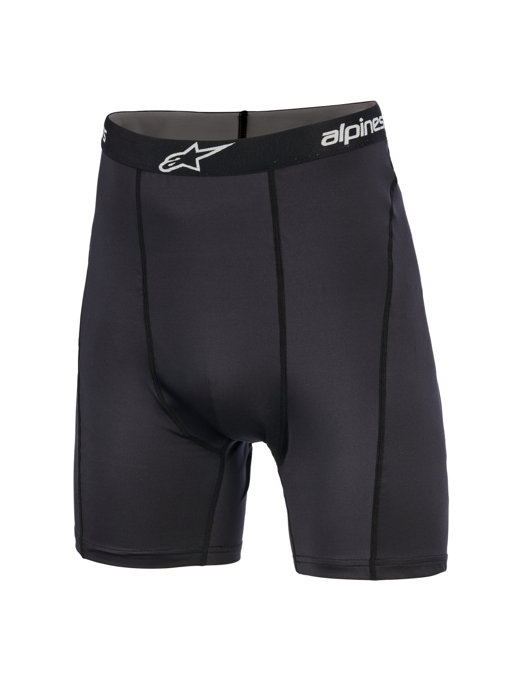 Alpinestars MX Boxer, pantalones cortos de capa base para motocross, negros, longitud media del muslo, con cintura elástica de la marca con logo de estrella blanca, ajuste atlético y costuras verticales