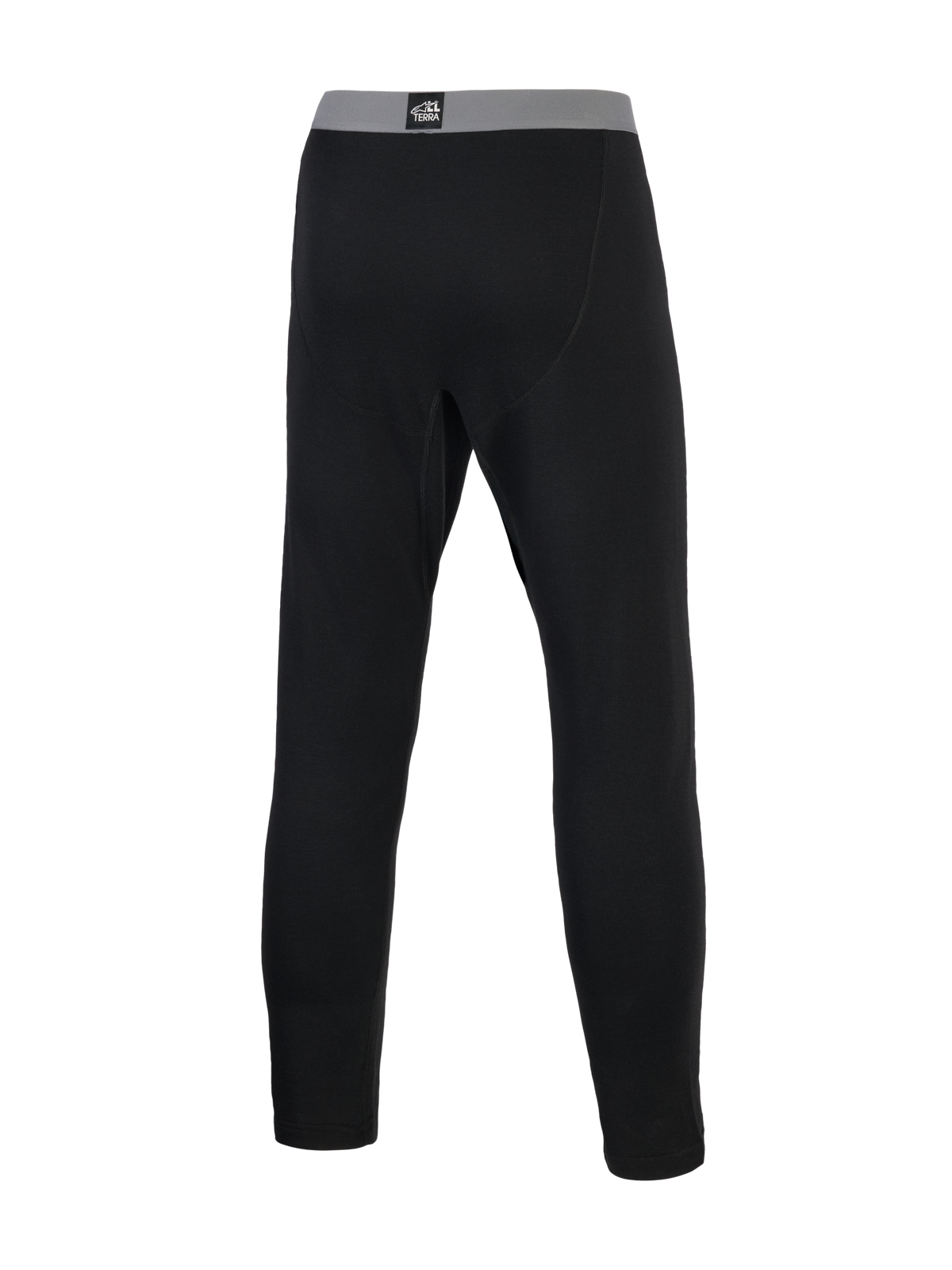Alpinestars AT-8 Merino Bottom Tech Layer, Adventure Motorcycle Base Layer Bottoms, Black with gray elastic waistband featuring Alpinestars branding, rear view of thermal merino wool blend construction