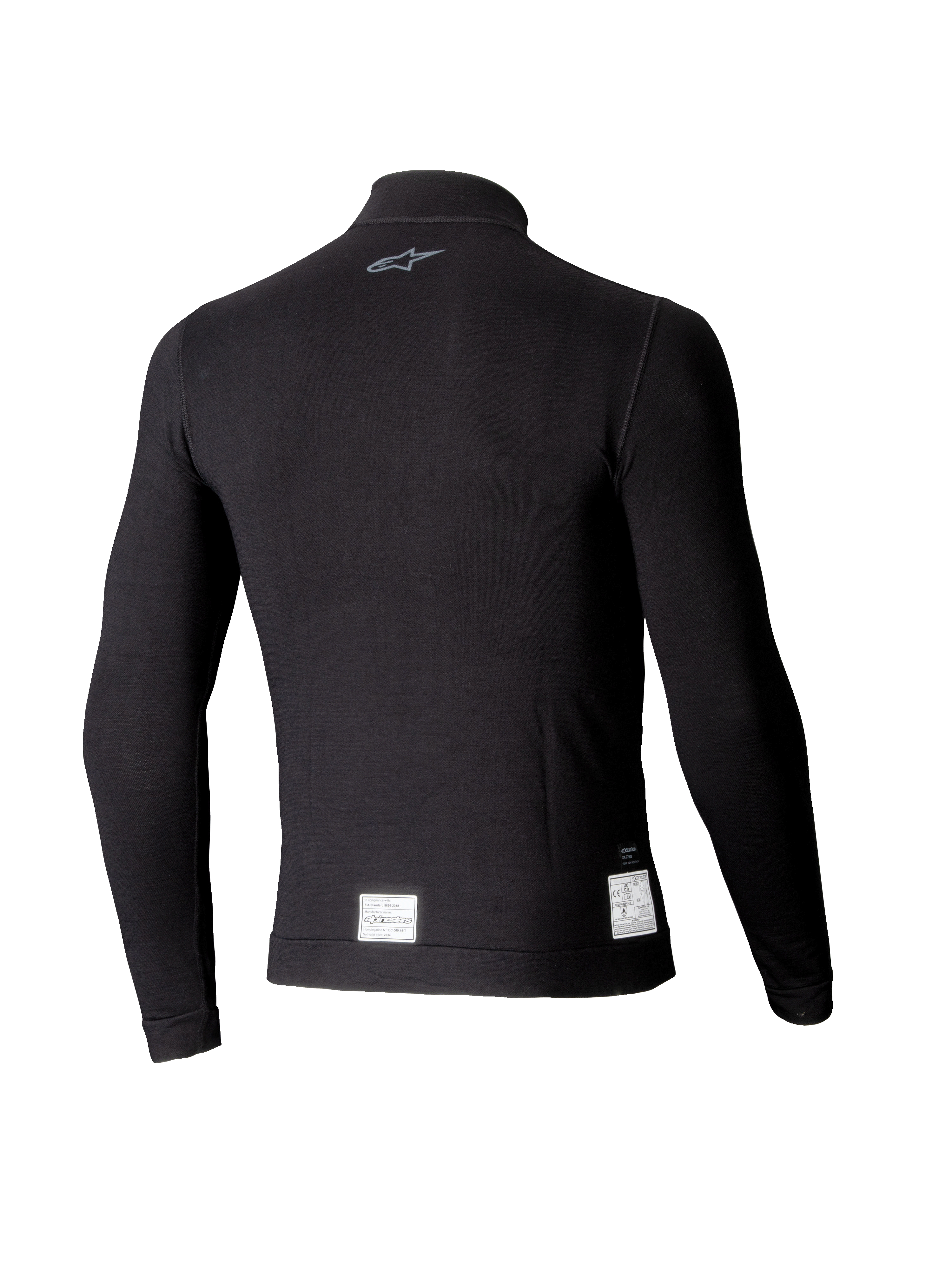 Camiseta de manga larga Alpinestars ZX Evo V3, capa base negra para automovilismo, vista posterior con un pequeño logo gris en el cuello y etiquetas de certificación FIA/SFI blancas en el dobladillo inferior, diseño ligero y resistente a las llamas.