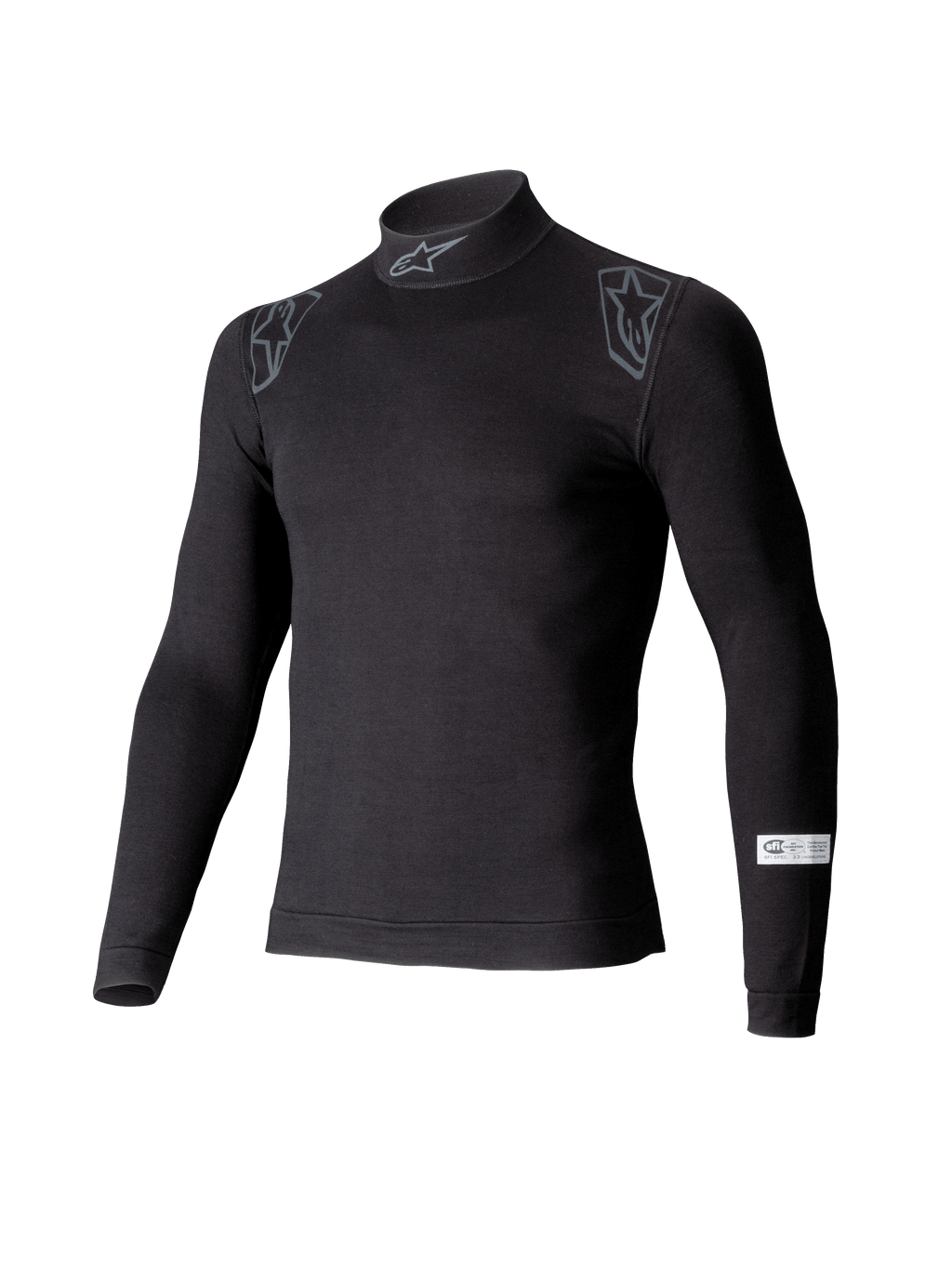 Alpinestars ZX Evo V3 Top, capa base de automovilismo de manga larga, negro, con cuello alto con el logo de Alpinestars, gráficos en los hombros y etiqueta de certificación SFI en la manga, ropa interior profesional de automovilismo resistente a las llamas