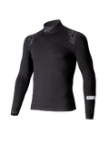 Alpinestars ZX Evo V3 Top, capa base de automovilismo de manga larga, negro, con cuello alto con el logo de Alpinestars, gráficos en los hombros y etiqueta de certificación SFI en la manga, ropa interior profesional de automovilismo resistente a las llamas