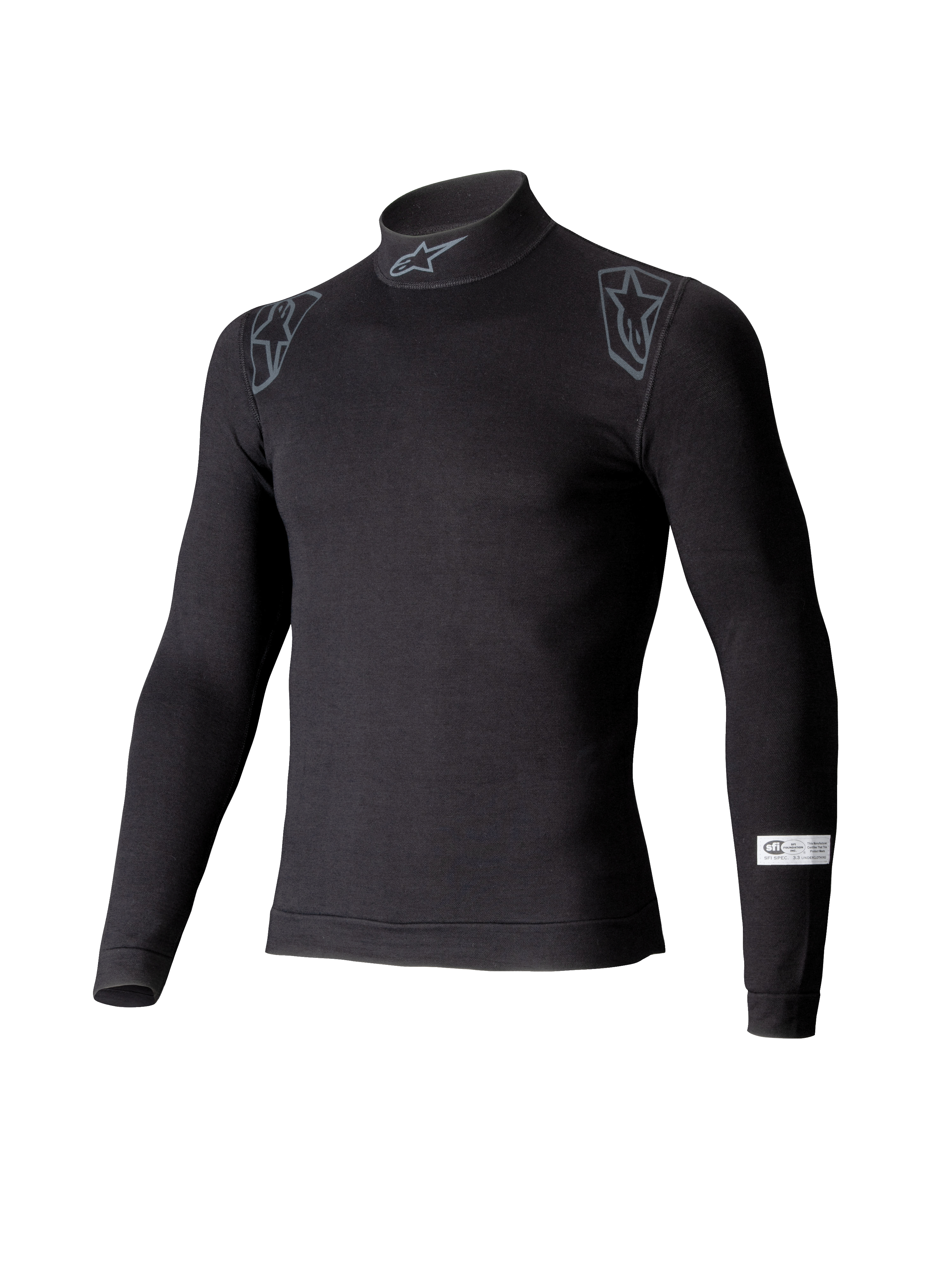 Alpinestars ZX Evo V3 Top, capa base de automovilismo de manga larga, negro, con cuello alto con el logo de Alpinestars, gráficos en los hombros y etiqueta de certificación SFI en la manga, ropa interior profesional de automovilismo resistente a las llamas