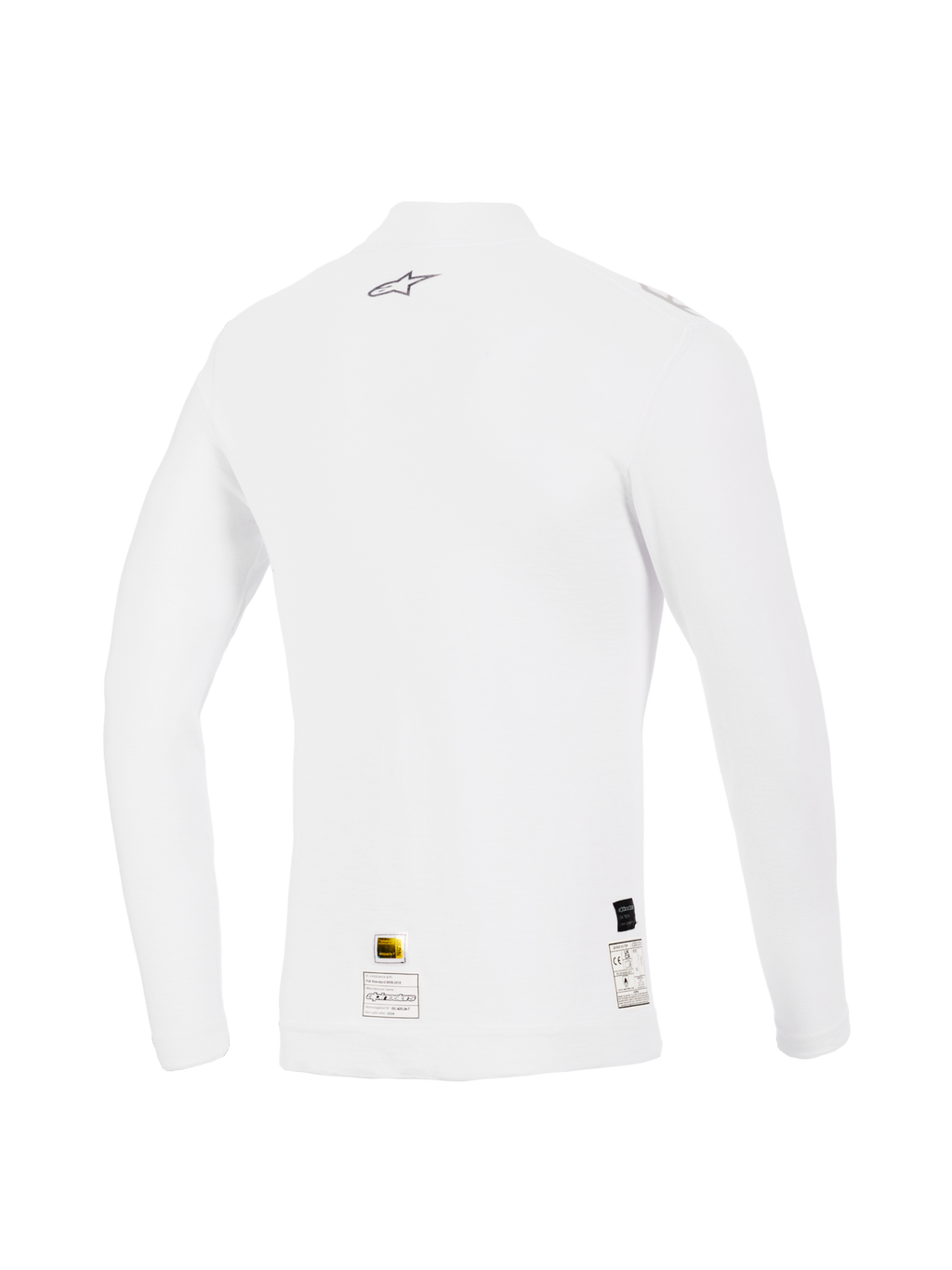 Alpinestars ZX Evo V3 Top de Manga Larga, blanco, vista trasera, capa base de automovilismo resistente a las llamas con un pequeño logotipo gris de Alpinestars en la parte superior de la espalda y etiquetas de certificación en el dobladillo, ajuste de rendimiento con textura suave