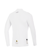 Alpinestars ZX Evo V3 Top de Manga Larga, blanco, vista trasera, capa base de automovilismo resistente a las llamas con un pequeño logotipo gris de Alpinestars en la parte superior de la espalda y etiquetas de certificación en el dobladillo, ajuste de rendimiento con textura suave