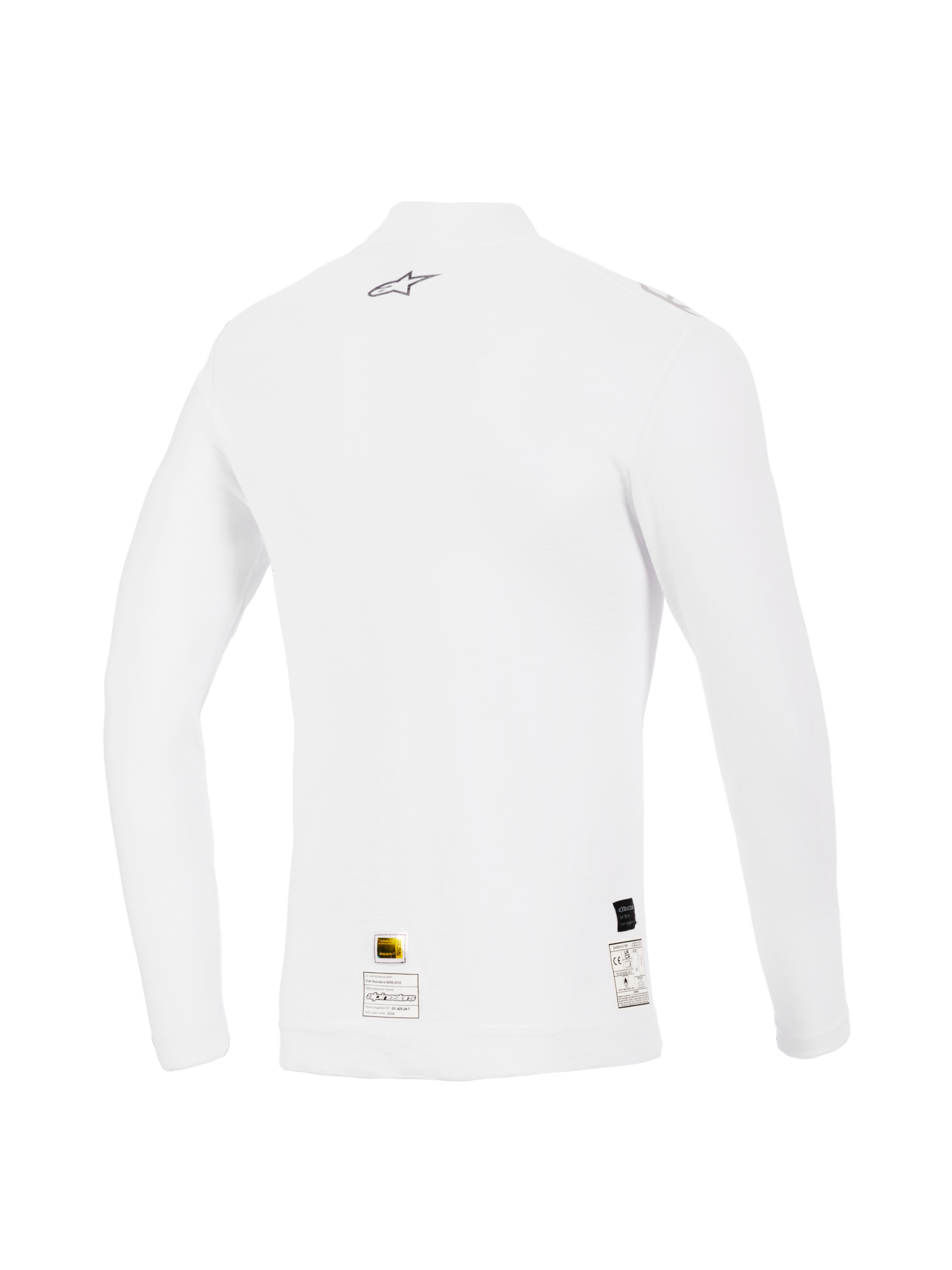 Alpinestars ZX Evo V3 Top de Manga Larga, blanco, vista trasera, capa base de automovilismo resistente a las llamas con un pequeño logotipo gris de Alpinestars en la parte superior de la espalda y etiquetas de certificación en el dobladillo, ajuste de rendimiento con textura suave