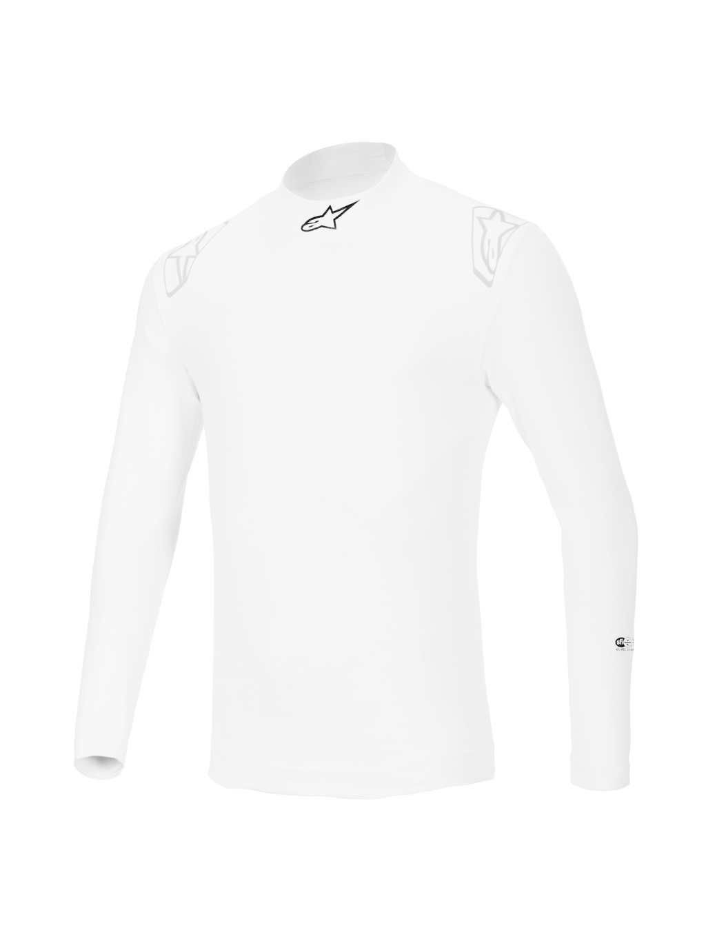 Alpinestars ZX Evo V3 Long Sleeve Top, capa base de automovilismo blanca, diseño resistente a las llamas con un logotipo de estrella negra en el cuello y logotipos blancos tenues en los hombros, equipamiento profesional de automovilismo.