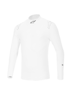 Alpinestars ZX Evo V3 Long Sleeve Top, capa base de automovilismo blanca, diseño resistente a las llamas con un logotipo de estrella negra en el cuello y logotipos blancos tenues en los hombros, equipamiento profesional de automovilismo.
