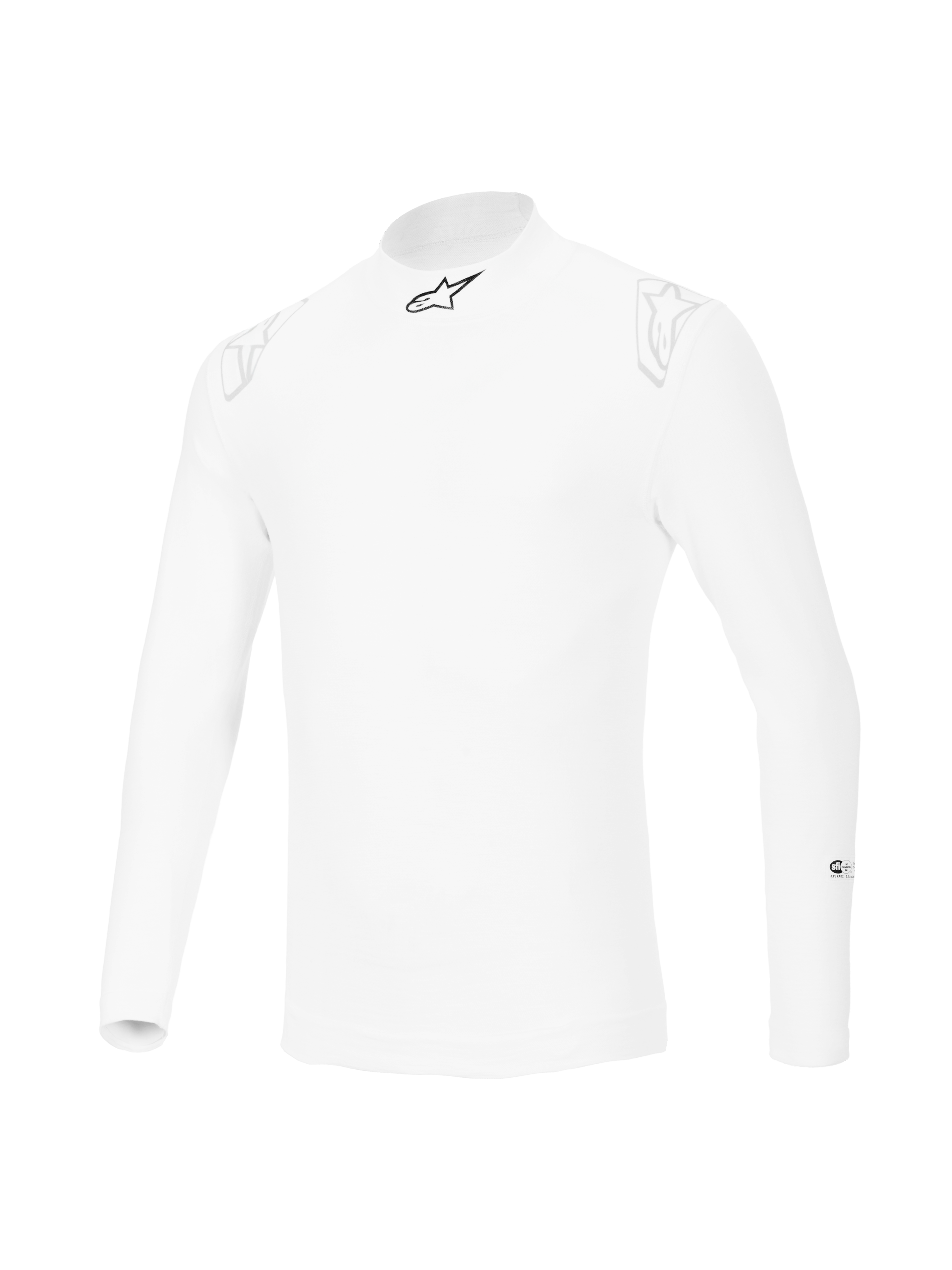 Alpinestars ZX Evo V3 Long Sleeve Top, capa base de automovilismo blanca, diseño resistente a las llamas con un logotipo de estrella negra en el cuello y logotipos blancos tenues en los hombros, equipamiento profesional de automovilismo.