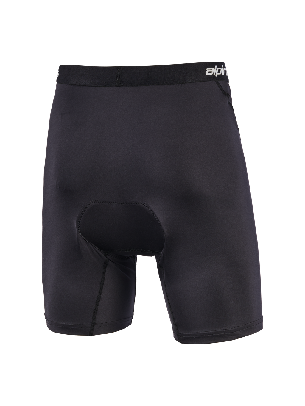 Alpinestars MX Boxer Padded, pantalones cortos tipo capa base acolchados para motocross en color negro, vista trasera que muestra el acolchado de gamuza de densidad múltiple en el asiento, cintura elástica con la marca y construcción elástica ergonómica para mayor comodidad en la conducción off-road.