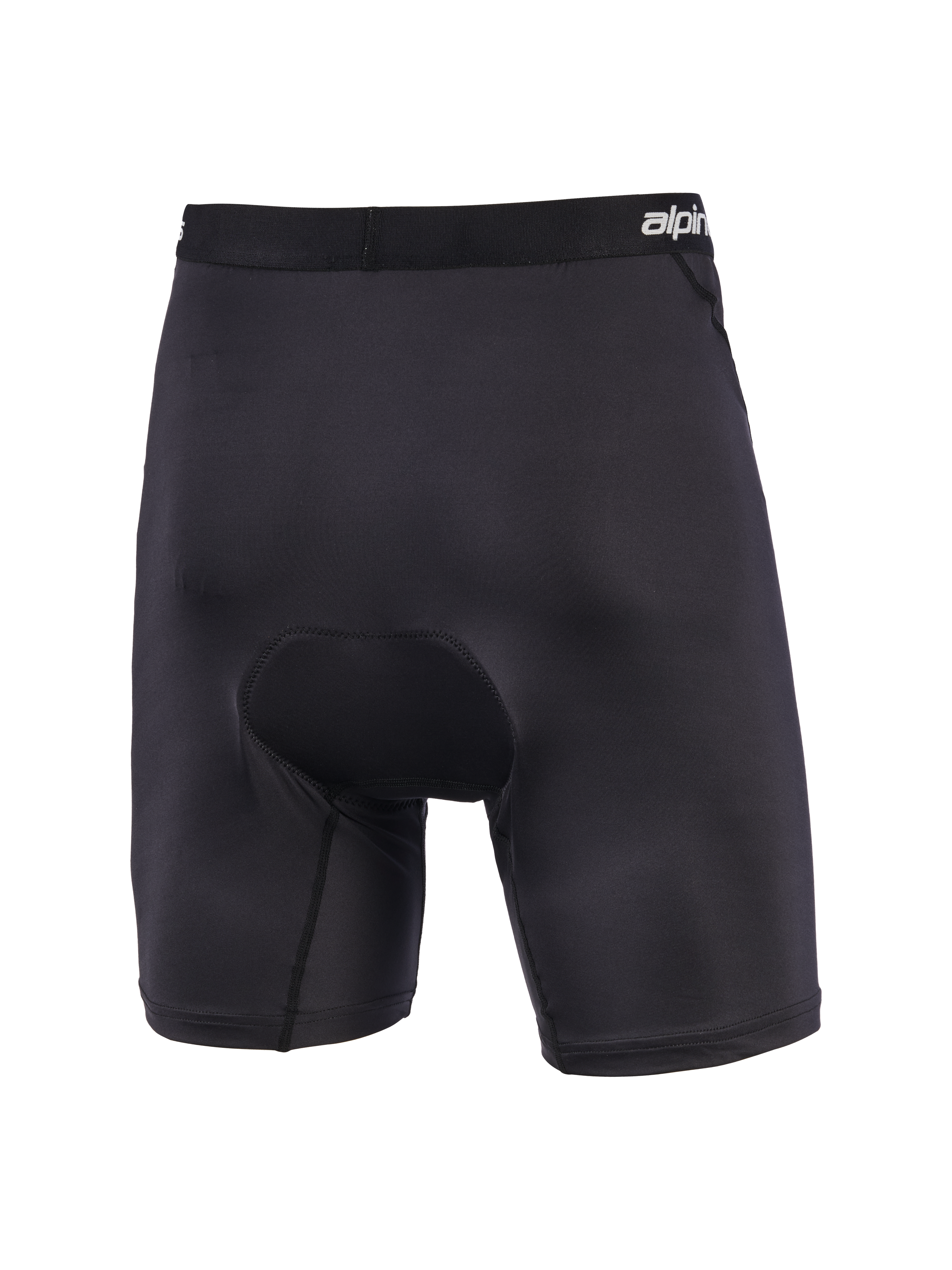 Alpinestars MX Boxer Padded, pantalones cortos tipo capa base acolchados para motocross en color negro, vista trasera que muestra el acolchado de gamuza de densidad múltiple en el asiento, cintura elástica con la marca y construcción elástica ergonómica para mayor comodidad en la conducción off-road.
