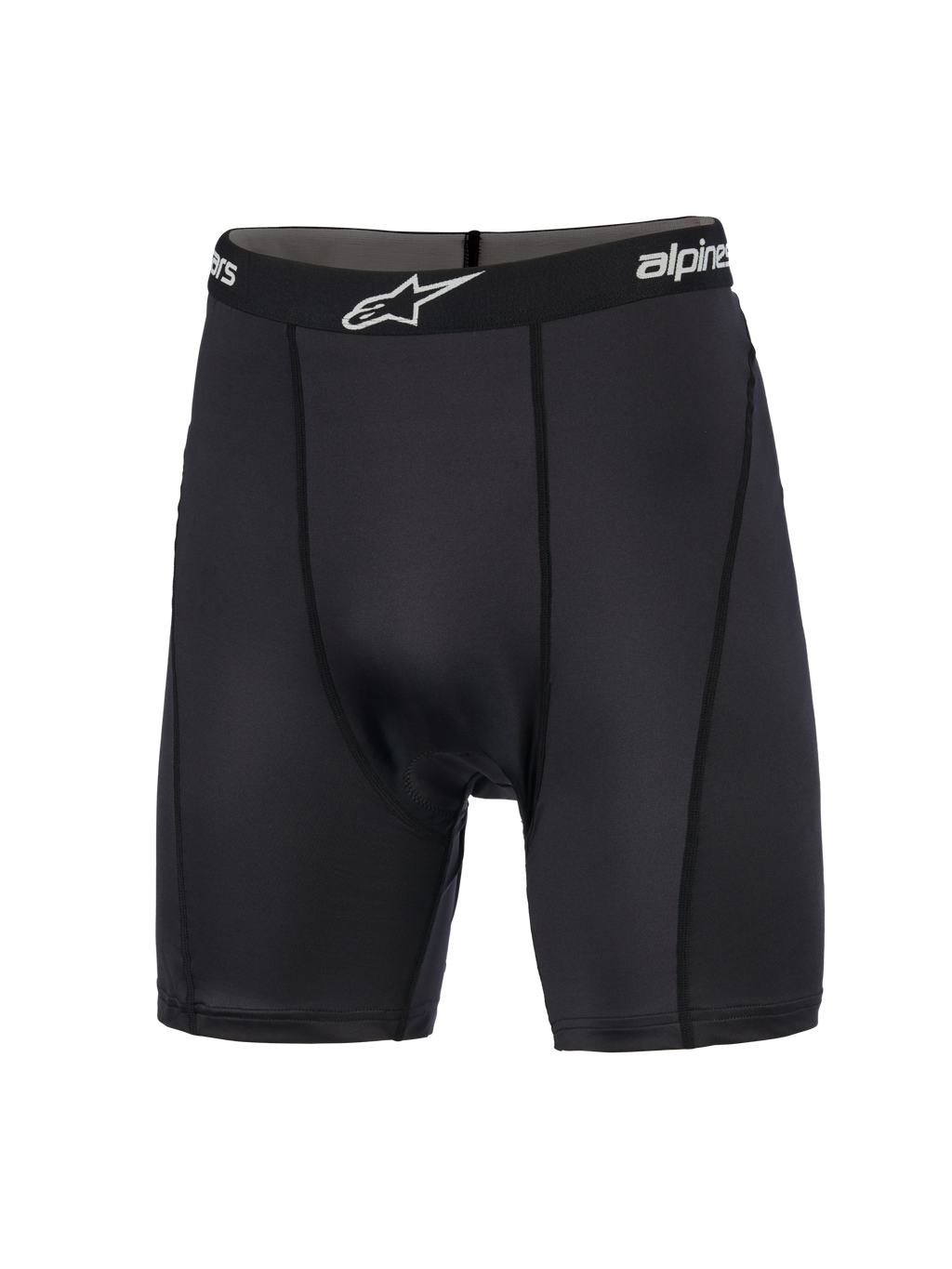 Alpinestars MX Boxer Padded, capa base para motocross, negro, pantalones cortos de compresión con cintura elástica de marca y logo blanco, costuras verticales de perfil plano y tejido elástico de punto suave diseñado para mayor comodidad en conducción off-road