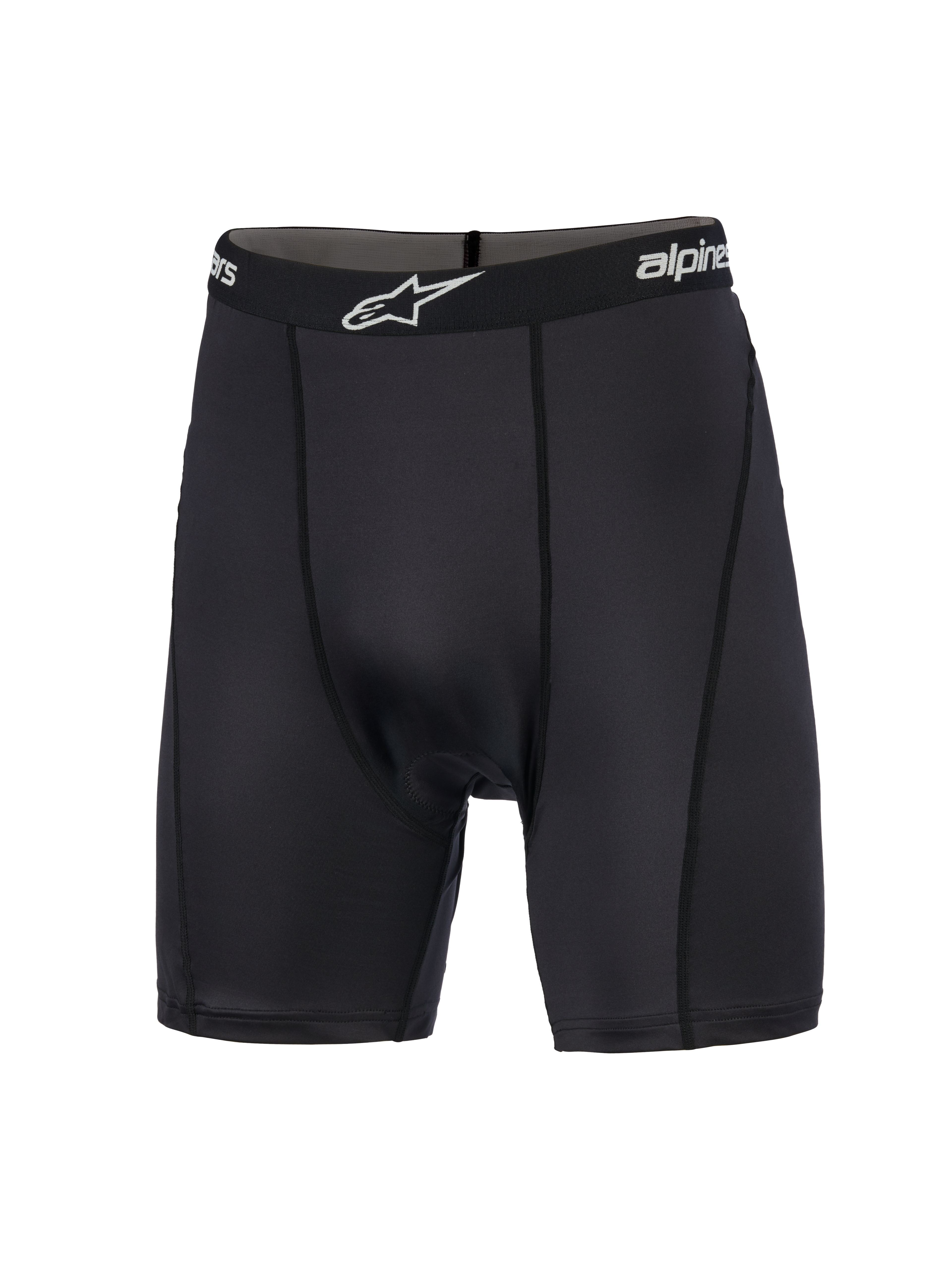 Alpinestars MX Boxer Padded, capa base para motocross, negro, pantalones cortos de compresión con cintura elástica de marca y logo blanco, costuras verticales de perfil plano y tejido elástico de punto suave diseñado para mayor comodidad en conducción off-road