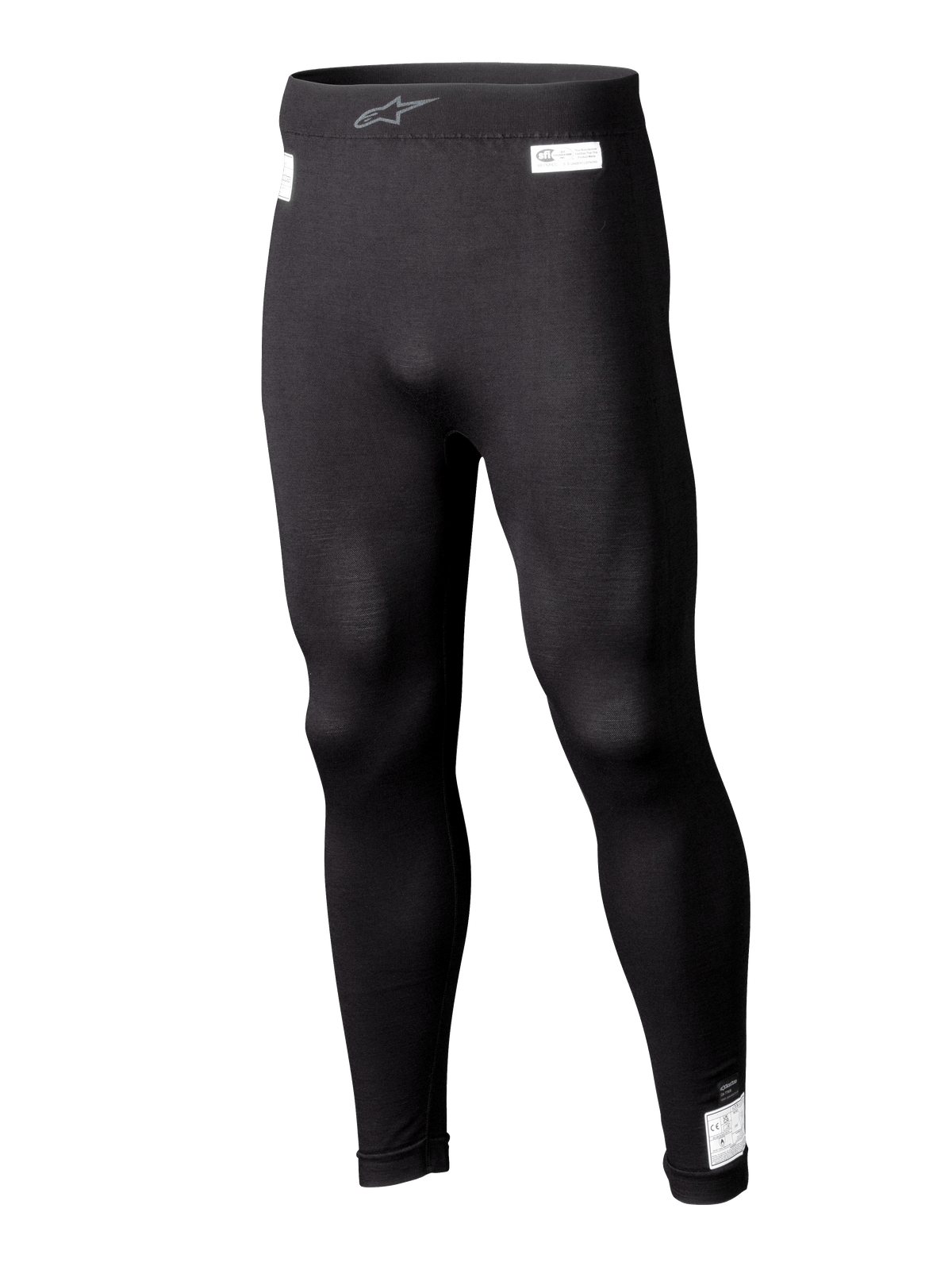 Alpinestars ZX Evo V3 Bottom, mallas de capa base para automovilismo negras, ropa interior de carreras resistente a las llamas, diseño de longitud completa con etiquetas blancas de certificación FIA y SFI, cintura elástica con logo Astars en gris, ajuste entallado y estilizado