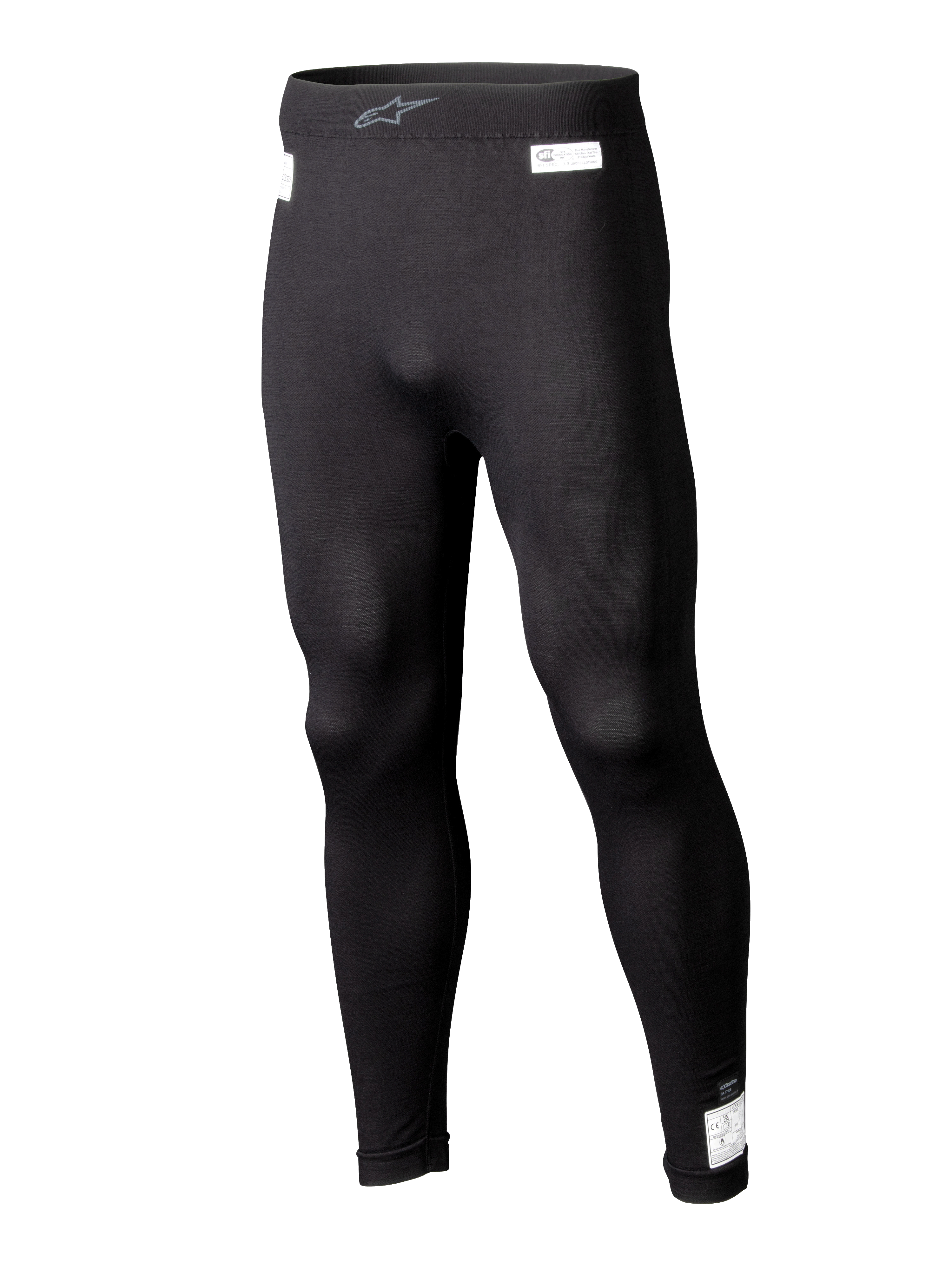 Alpinestars ZX Evo V3 Bottom, mallas de capa base para automovilismo negras, ropa interior de carreras resistente a las llamas, diseño de longitud completa con etiquetas blancas de certificación FIA y SFI, cintura elástica con logo Astars en gris, ajuste entallado y estilizado
