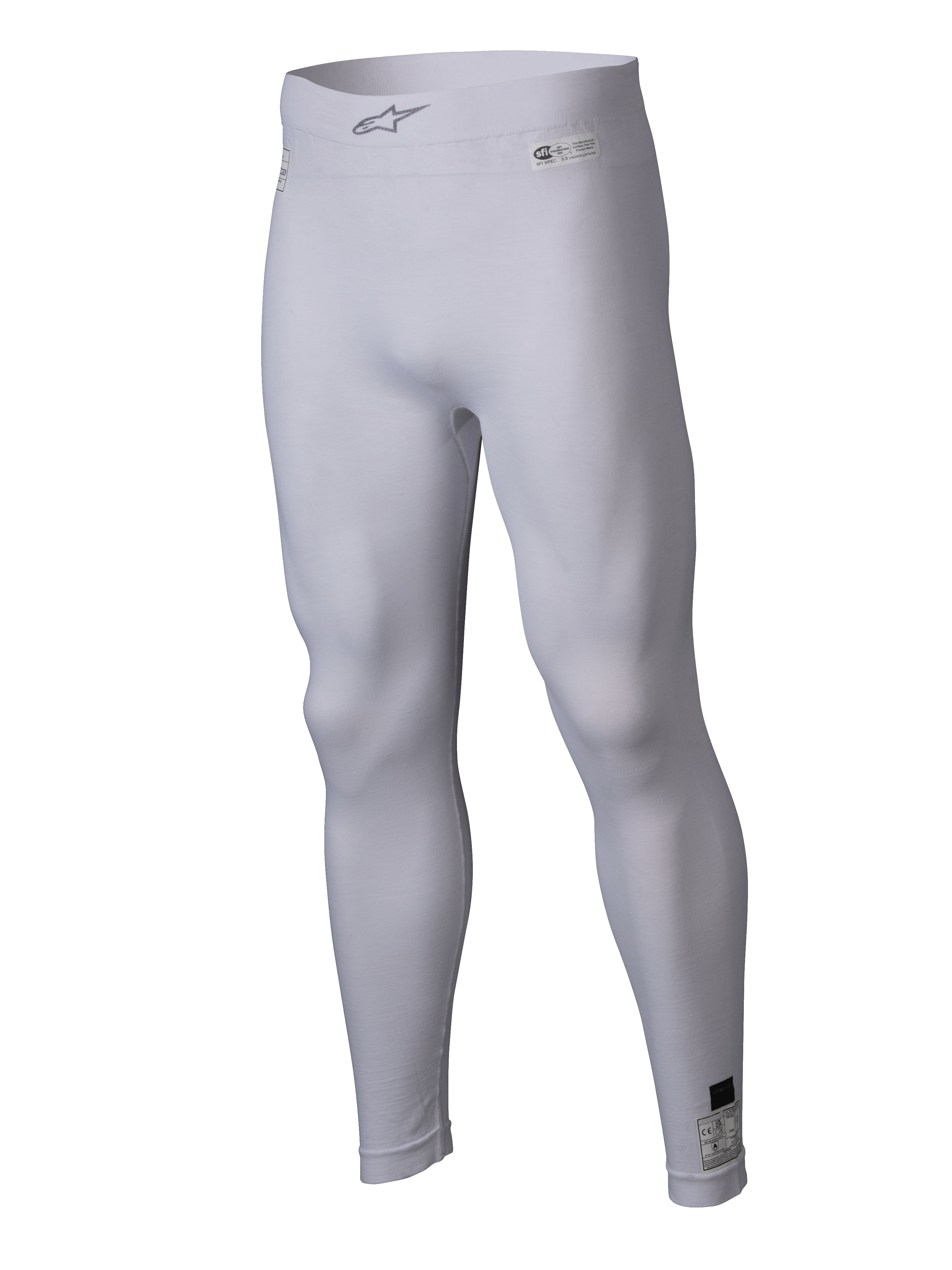 Alpinestars ZX Evo V3 Bottom, White Auto Racing Base Layer, Flame-resistant compression leggings, featuring Alpinestars logo on the elastic waistband and certification labels, lightweight stretchy fabric for motorsport performance