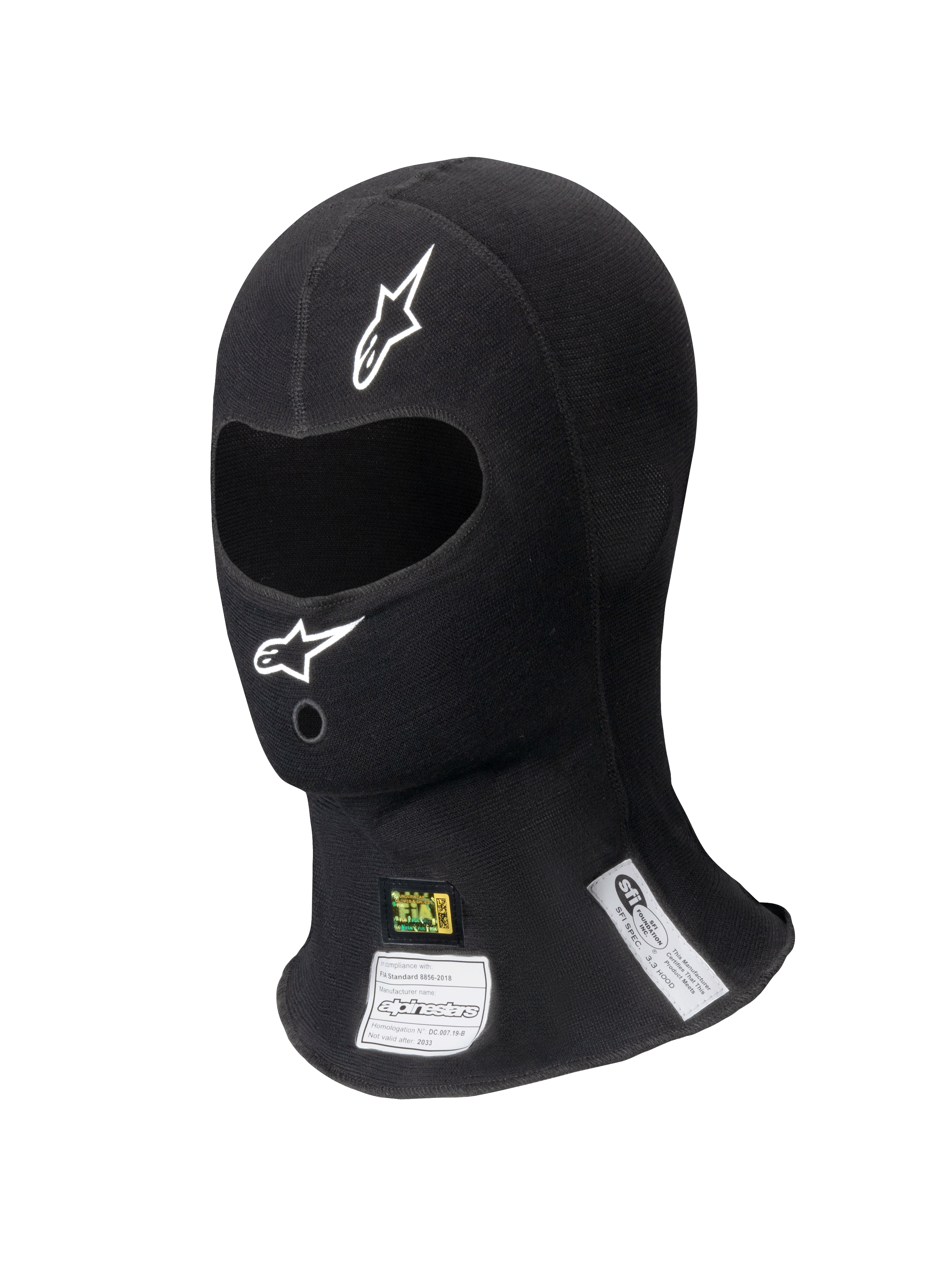 Alpinestars ZX Balaclava Evo V2 FIA/SFI, Black Racing Balaclava, single eye opening with white logos, visible FIA and SFI certification labels on the neck, flame-resistant technical fabric for professional motorsport