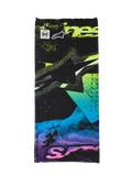 Alpinestars Buff Ignite Neck Tube, braga de cuello negra con gráficos abstractos en rosa fluorescente, amarillo, azul y morado, con el logotipo de la estrella de Alpinestars y la marca Buff, ligera y sin costuras para montar en moto