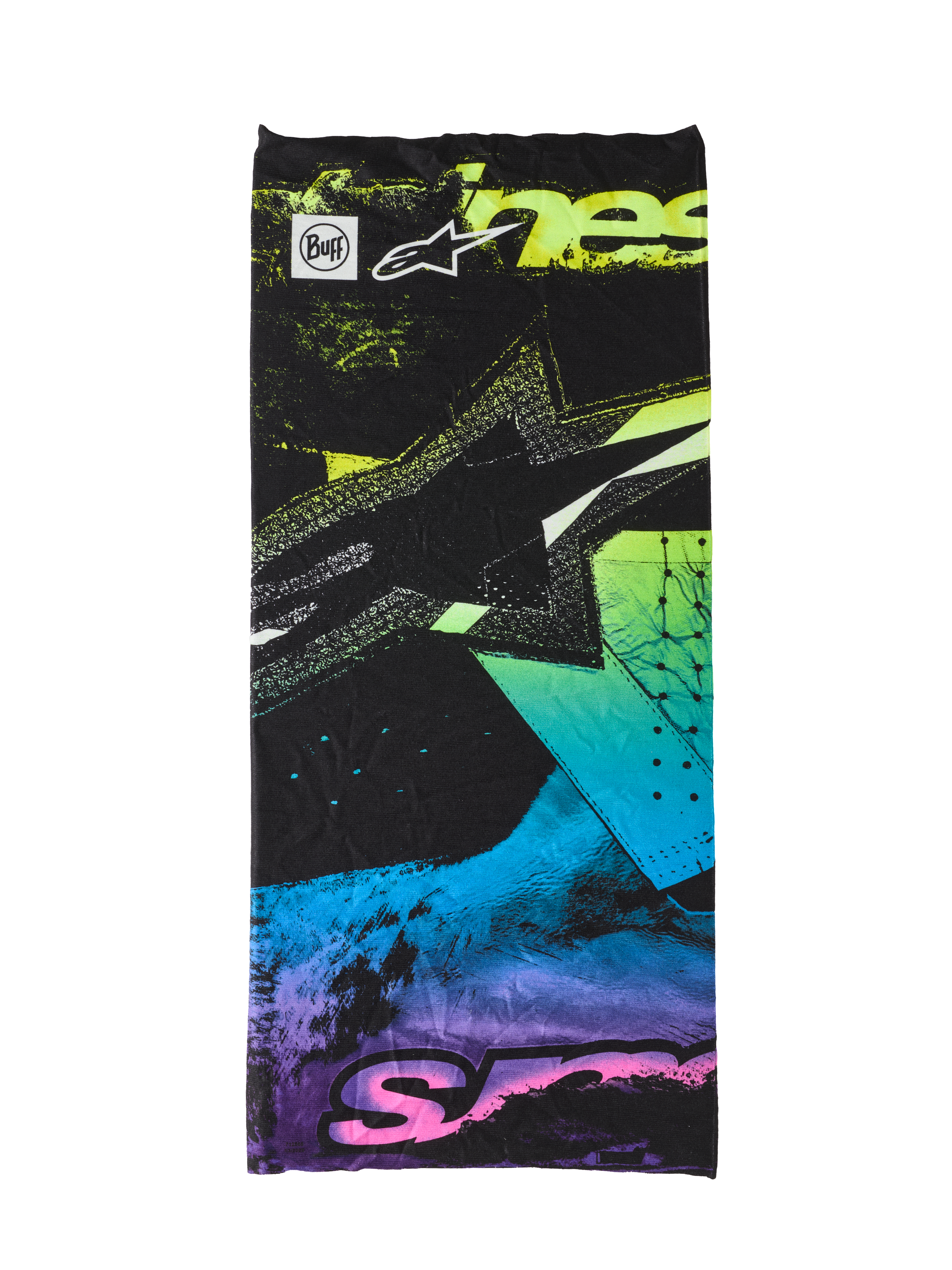 Alpinestars Buff Ignite Neck Tube, braga de cuello negra con gráficos abstractos en rosa fluorescente, amarillo, azul y morado, con el logotipo de la estrella de Alpinestars y la marca Buff, ligera y sin costuras para montar en moto