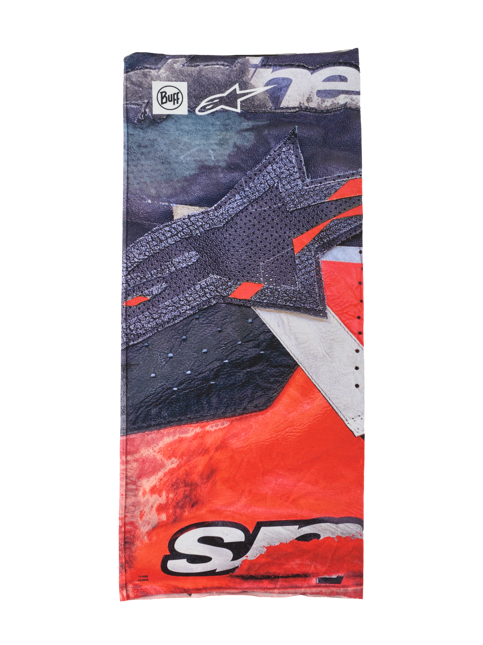 Alpinestars Buff Ignite Neck Tube, braga de cuello multifuncional, negra y roja brillante con detalles blancos, con un gran gráfico de estrella, logotipos de Alpinestars y Buff, diseño deportivo para motociclismo