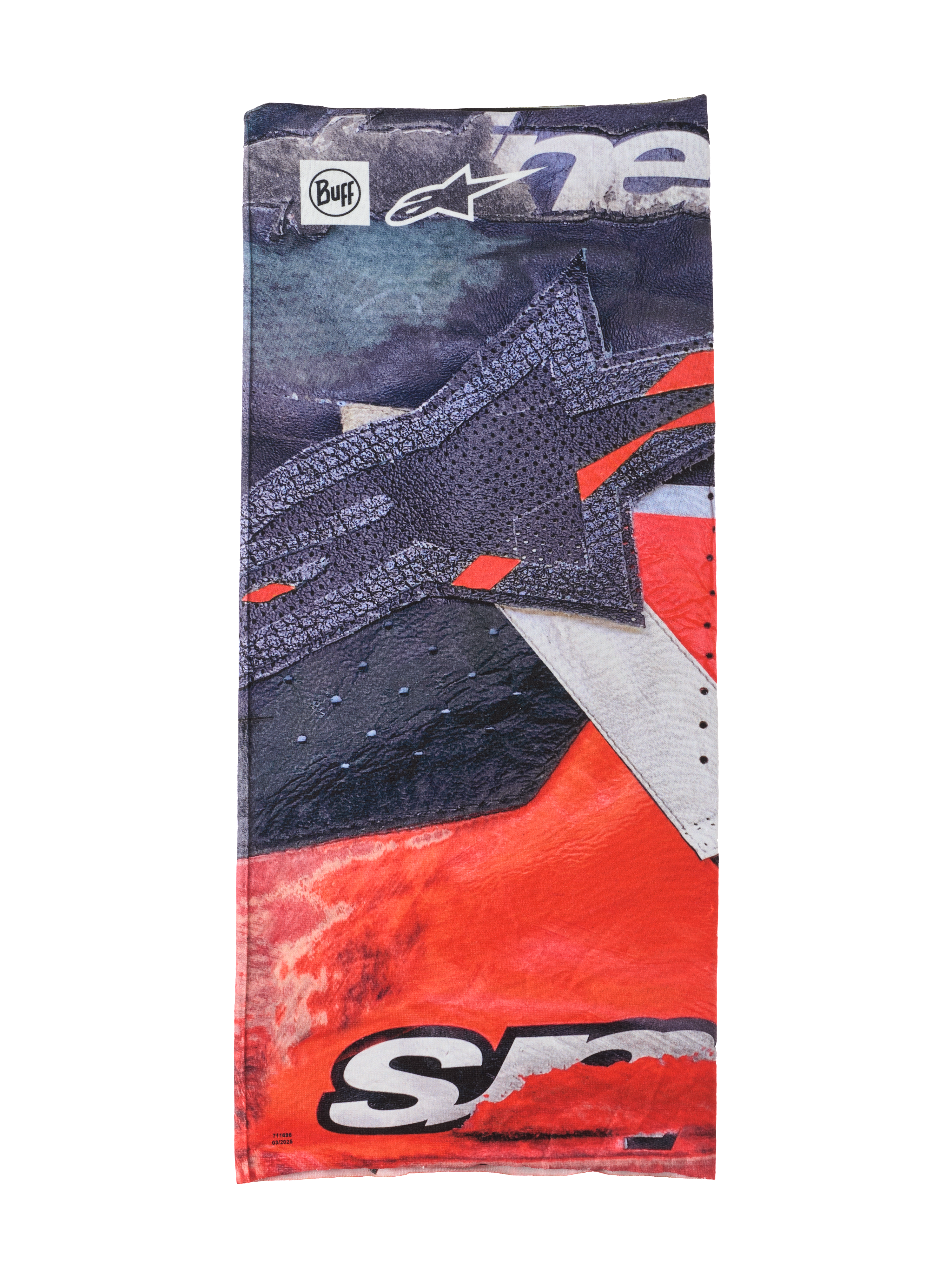 Alpinestars Buff Ignite Neck Tube, multi-functional neckwear, black and bright red with white details, featuring large star graphic, Alpinestars and Buff logos, sporty design for motorcycle riding