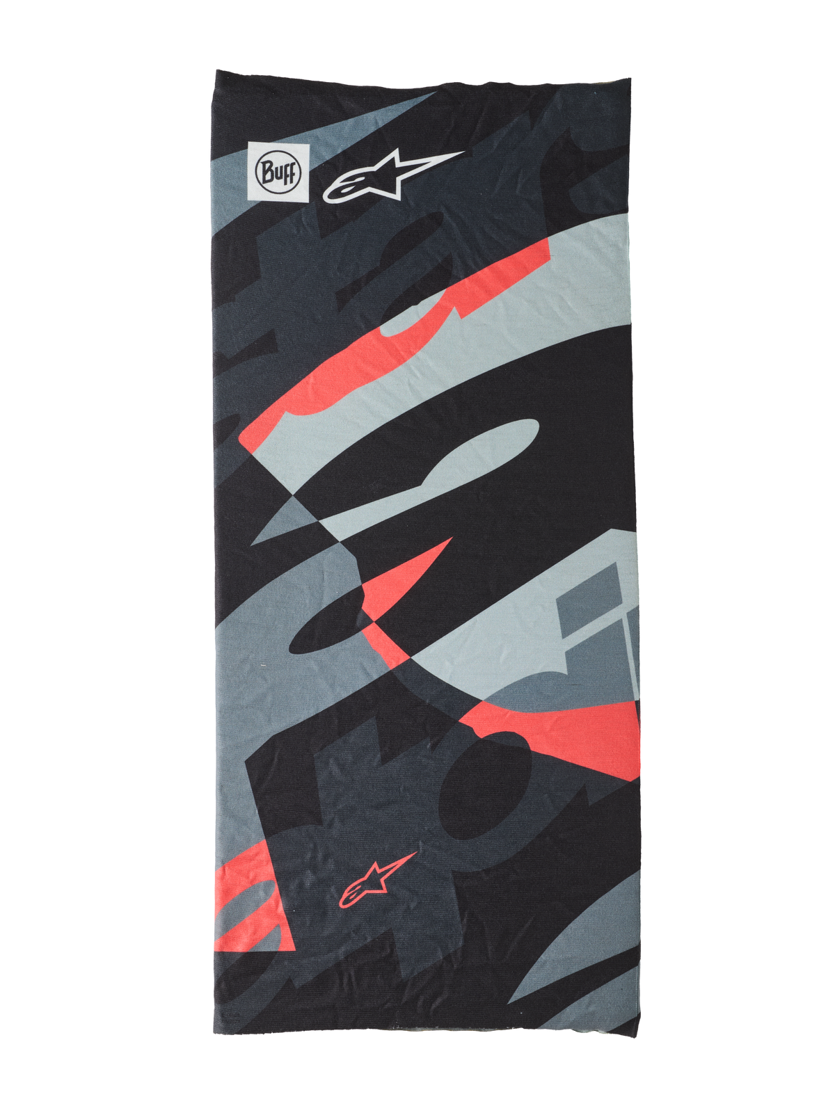 Buff Mogress Neck Tube, prenda multifuncional para el cuello y la cabeza, Black Camo Red Fluo, patrón abstracto en negro, gris y rojo fluorescente, tejido ligero sin costuras con logotipos de Buff y Alpinestars
