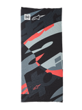 Buff Mogress Neck Tube, prenda multifuncional para el cuello y la cabeza, Black Camo Red Fluo, patrón abstracto en negro, gris y rojo fluorescente, tejido ligero sin costuras con logotipos de Buff y Alpinestars