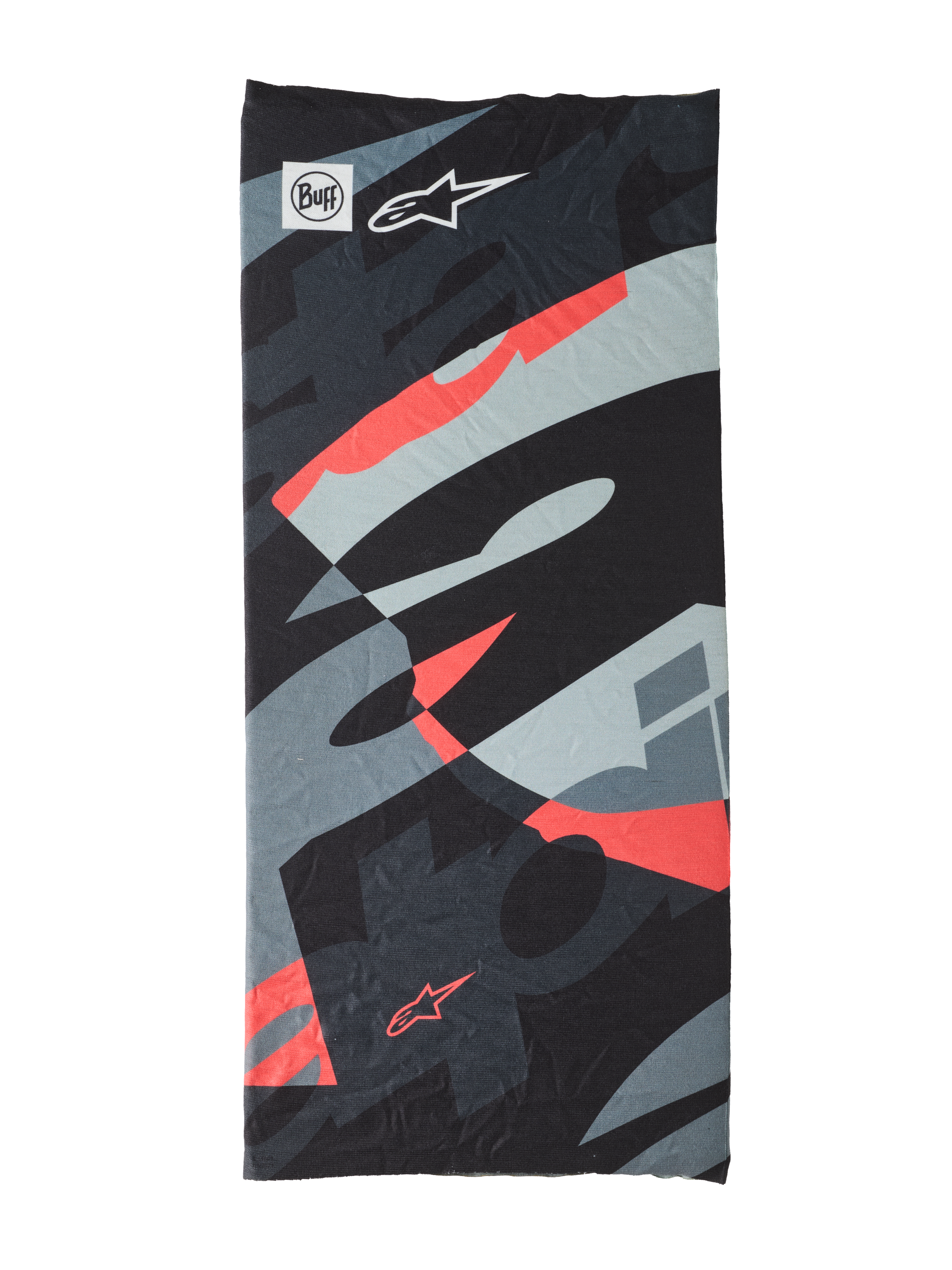 Buff Mogress Neck Tube, multifunctional headwear, abstract pattern in black, gray, light blue and red, smooth fabric with dynamic overlapping shapes, Buff and Alpinestars logos visible