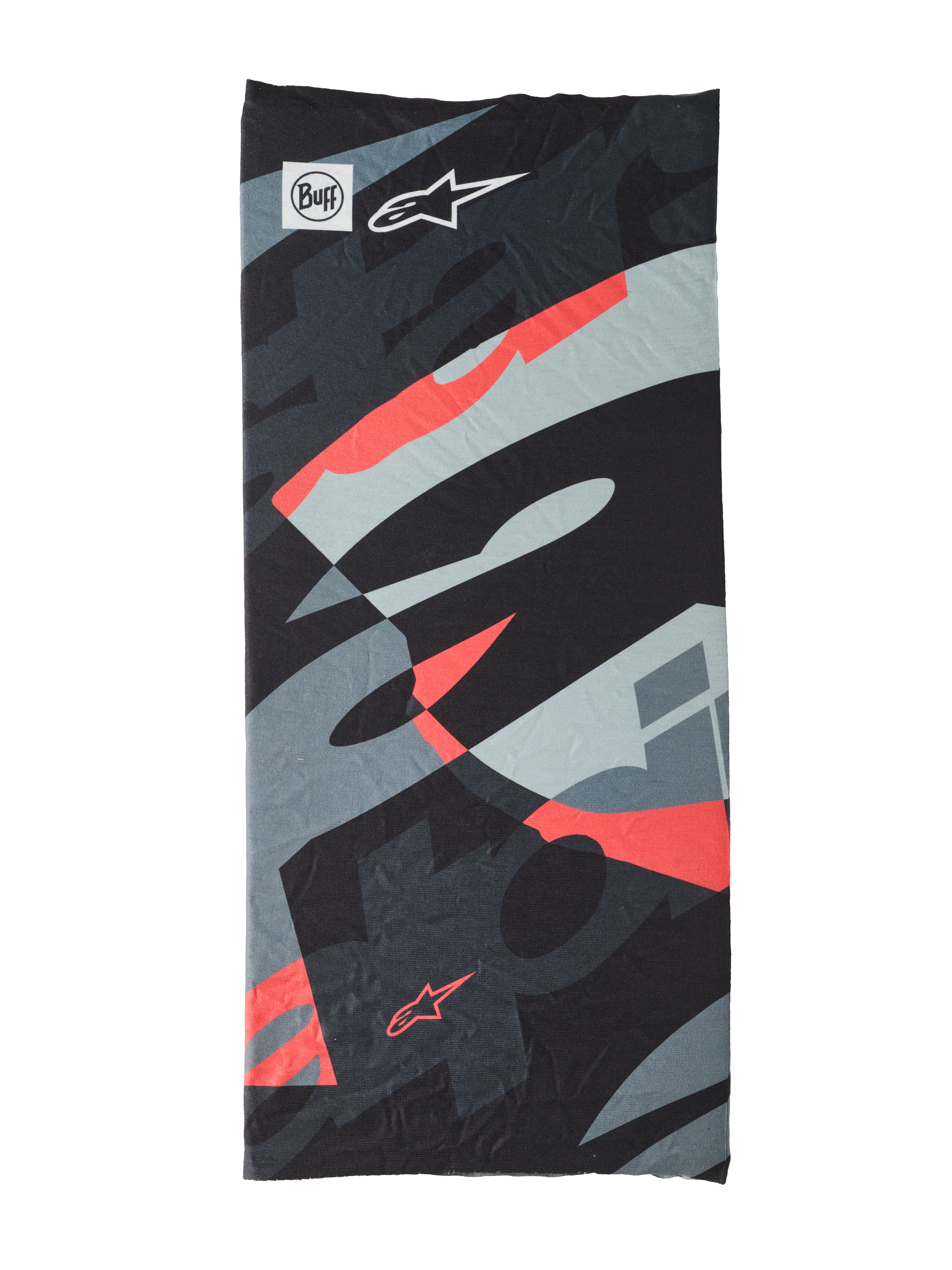 Buff Mogress Neck Tube, prenda multifuncional para el cuello y la cabeza, Black Camo Red Fluo, patrón abstracto en negro, gris y rojo fluorescente, tejido ligero sin costuras con logotipos de Buff y Alpinestars