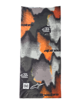 Alpinestars Buff Nazca Neck Tube, braga de cuello para motociclismo, camuflaje gris y naranja flúor, patrón digital de semitonos, con logotipos de Alpinestars, Buff y marca All Terra, tejido elástico en 4 direcciones sin costuras para climas cálidos