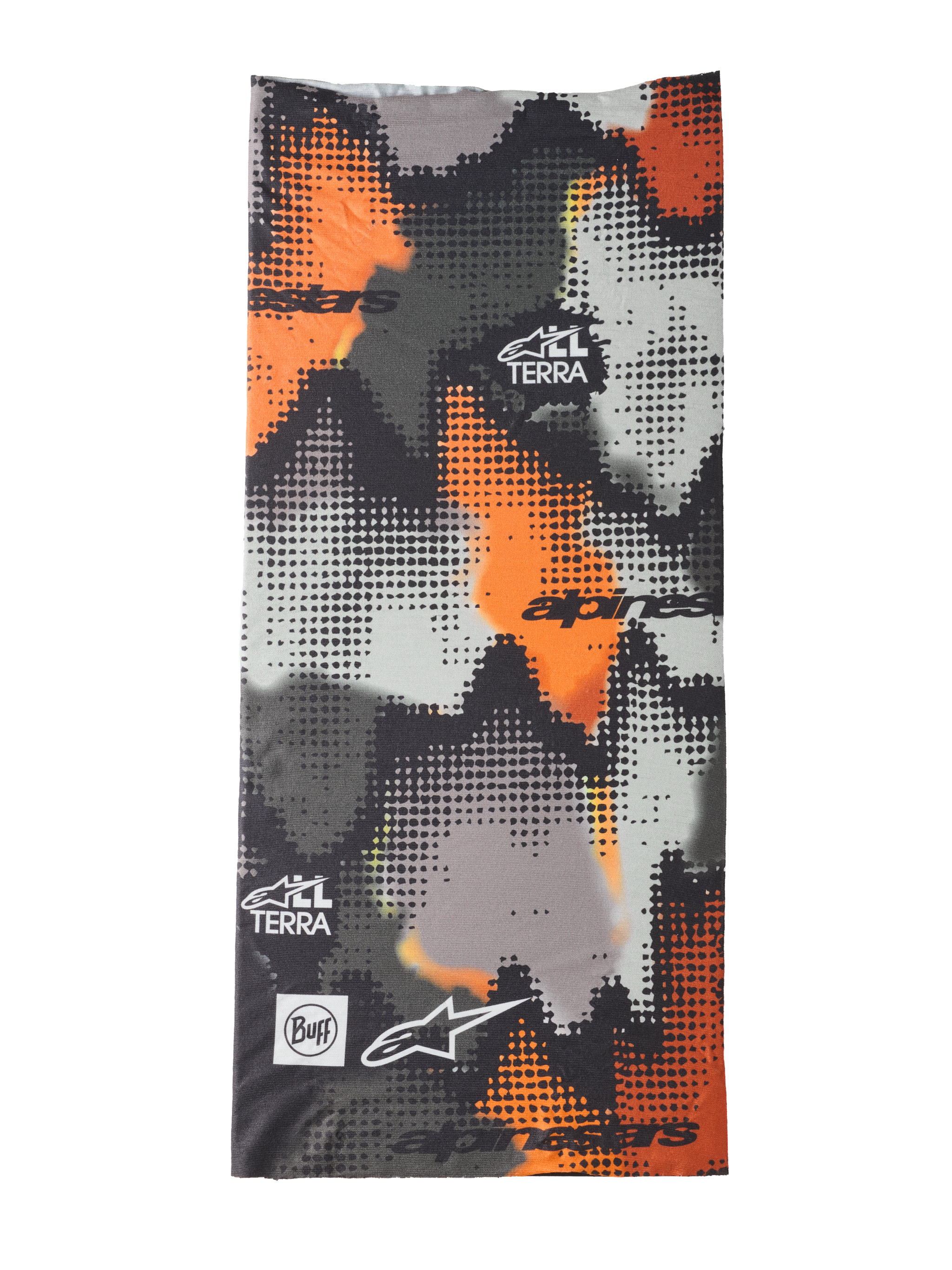 Alpinestars Buff Nazca Neck Tube, braga de cuello para motociclismo, camuflaje gris y naranja flúor, patrón digital de semitonos, con logotipos de Alpinestars, Buff y marca All Terra, tejido elástico en 4 direcciones sin costuras para climas cálidos
